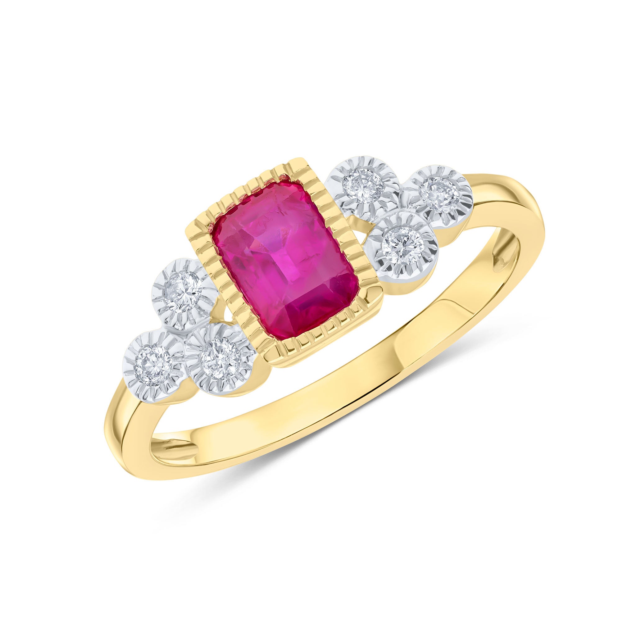 9CT YG 6X4 OCTAGON RUBY AND DIAMOND TREFOIL SHOULDERS MILLEGRAIN SET RING. RHODIUM TO DIAMONDS