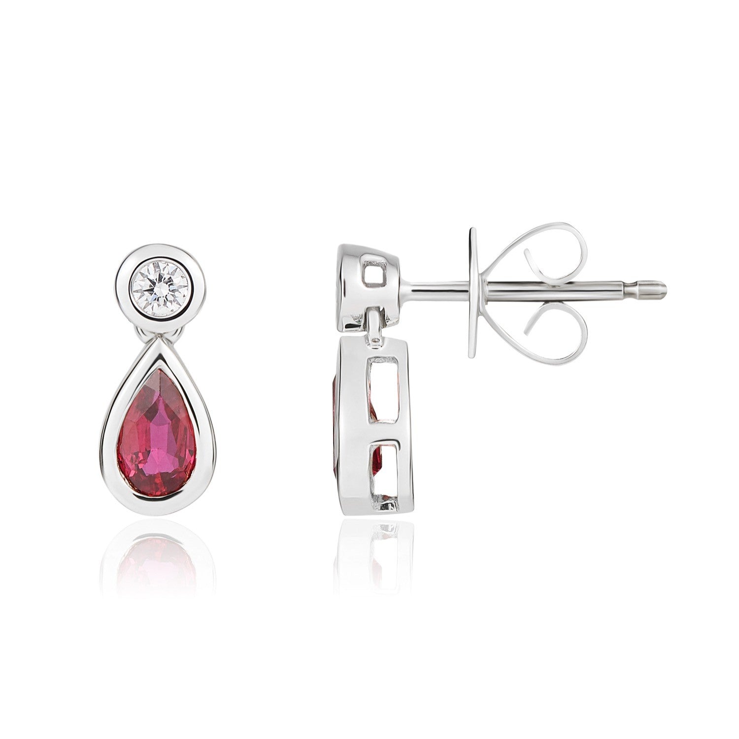 18CT WG PEARSHAPE RUBY AND ROUND DIAMOND RUBOVER 2ST DROP EARRINGS