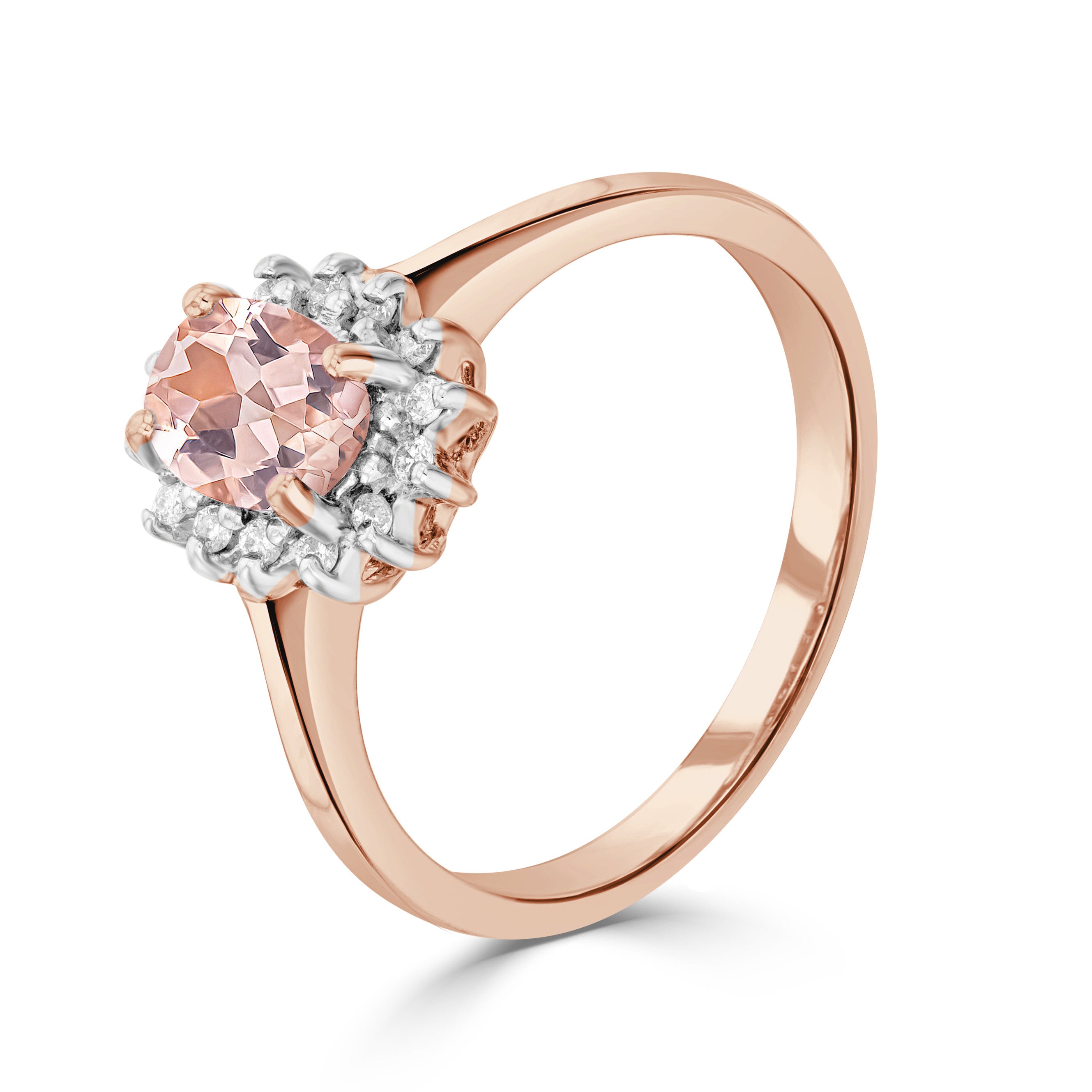 9CT RG 7X5 OVAL MORGANITE & DIAMOND CLAW CLUSTER RING. RHODIUM TO DIAMONDS