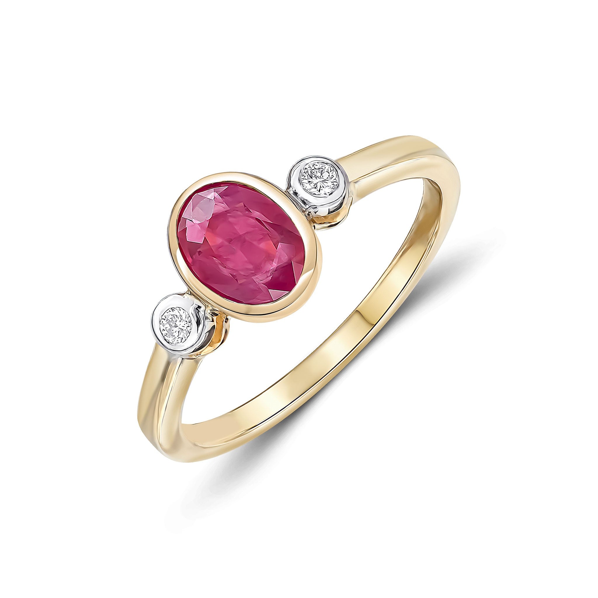 9CT YG 7X5 OVAL RUBY AND ROUND DIAMOND 3ST RUBOVER RING. RHODIUM TO DIAMONDS