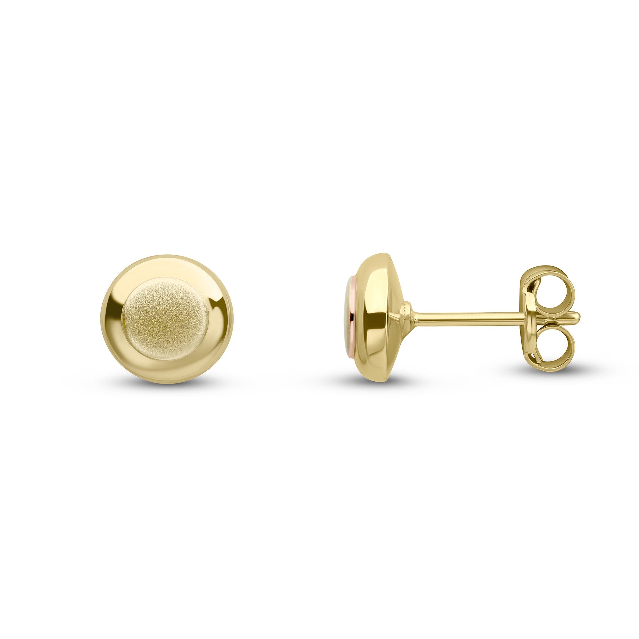 9CT YELLOW GOLD ROUND POLISHED FINISH STUD EARRINGS WITH SATIN FINISH CENTRE