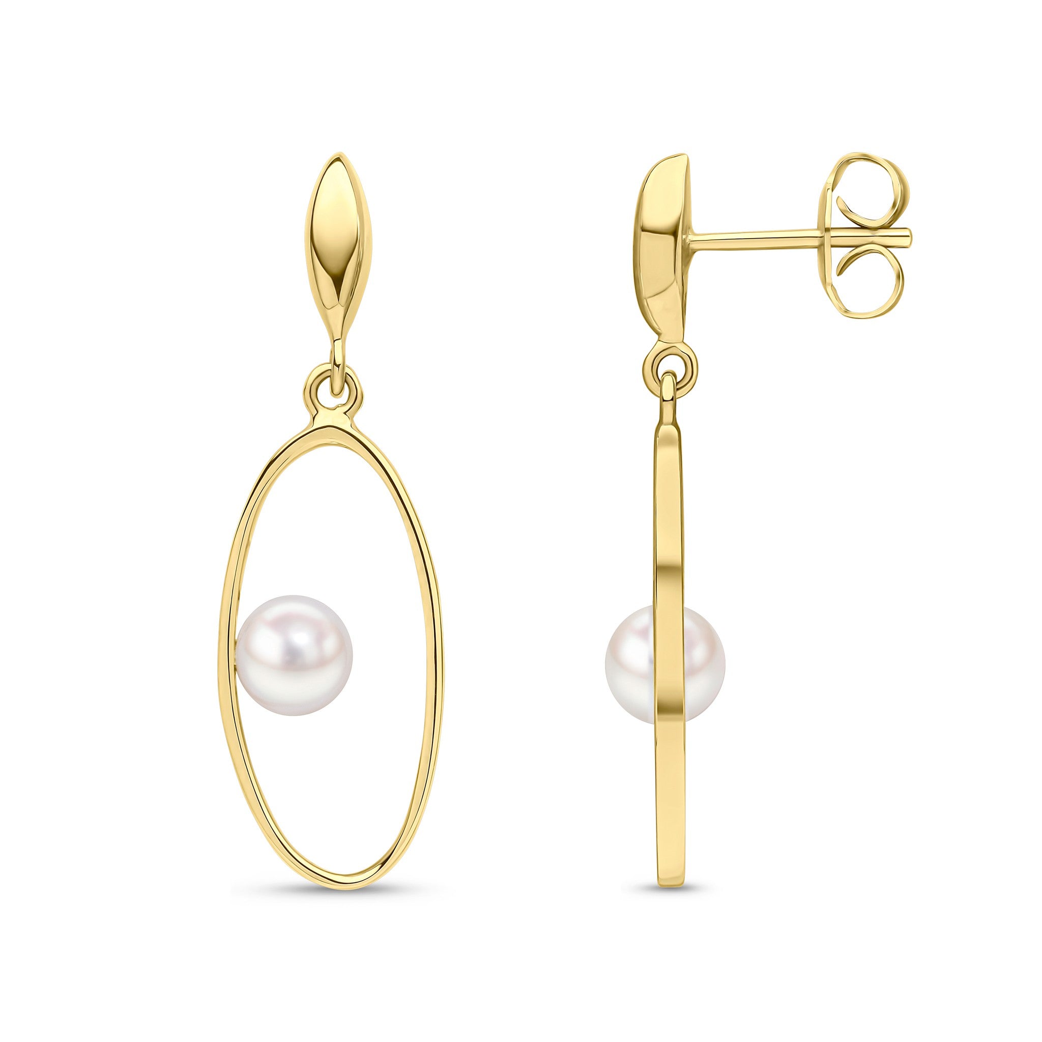 9CT YG OPEN OVAL DROP EARRINGS WITH 5MM FW PEARL TO THE SIDE. MARQUISE SHAPE STUD TOP