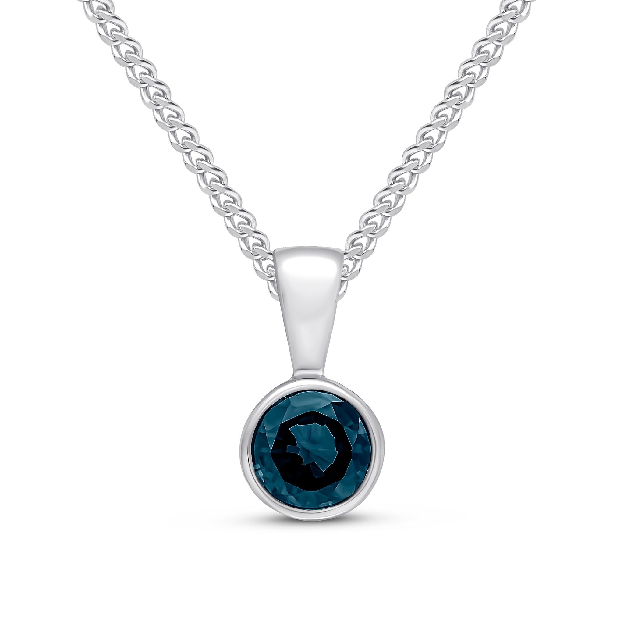 9CT WG 5MM ROUND SAPPHIRE RUBOVER PENDANT