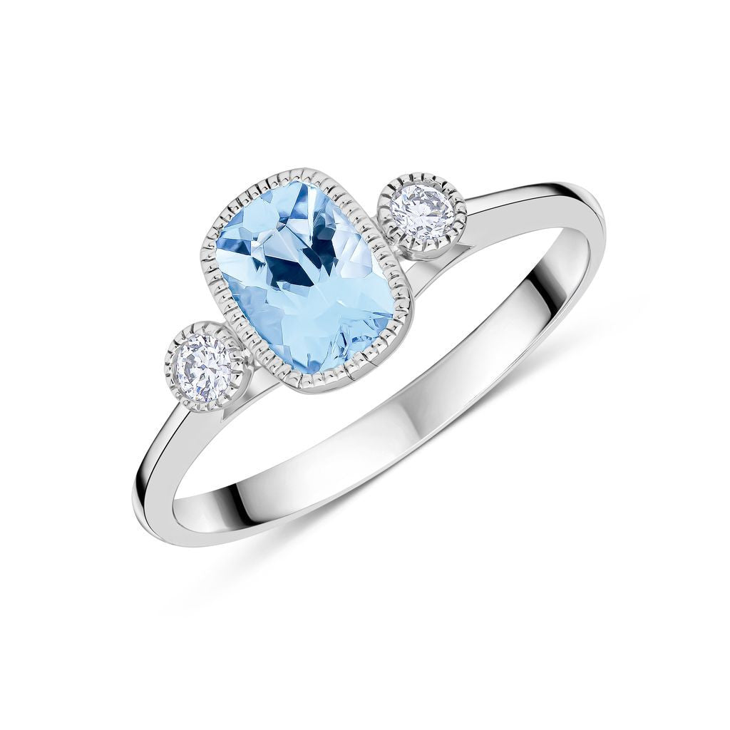 9CT WG 7X5 CUSHION AQUA & ROUND DIAMOND MILLEGRAIN SET 3ST RING