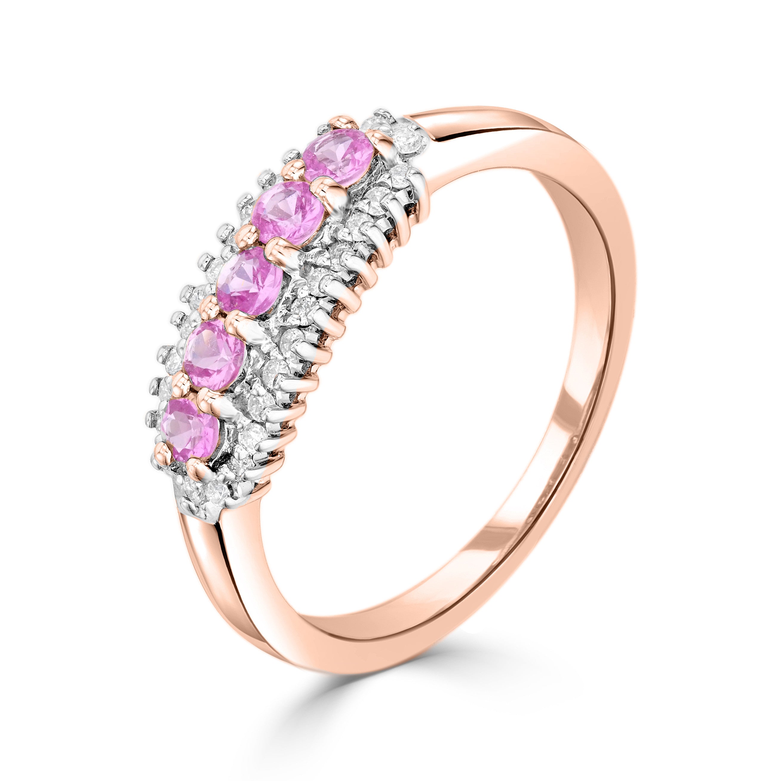 9CT RG ROUND PINK SAPPHIRE AND ROUND DIAMOND 3 ROW CLAW SET BAND RING. RHODIUM TO DIAMONDS