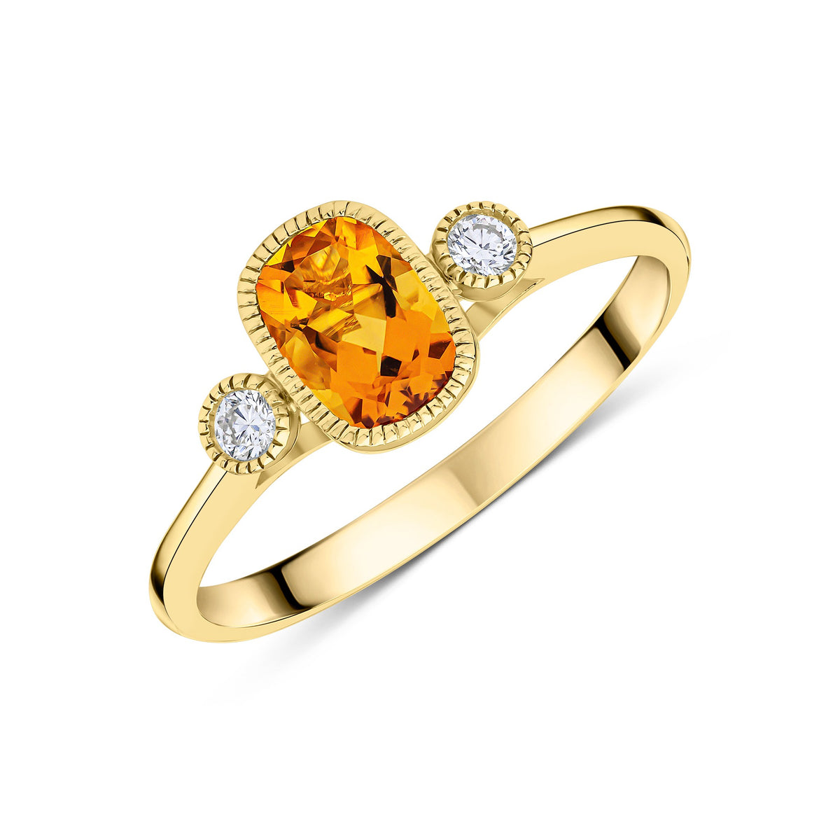 9CT YG 7X5 CUSHION CITRINE & ROUND DIAMOND MILLEGRAIN SET 3ST RING