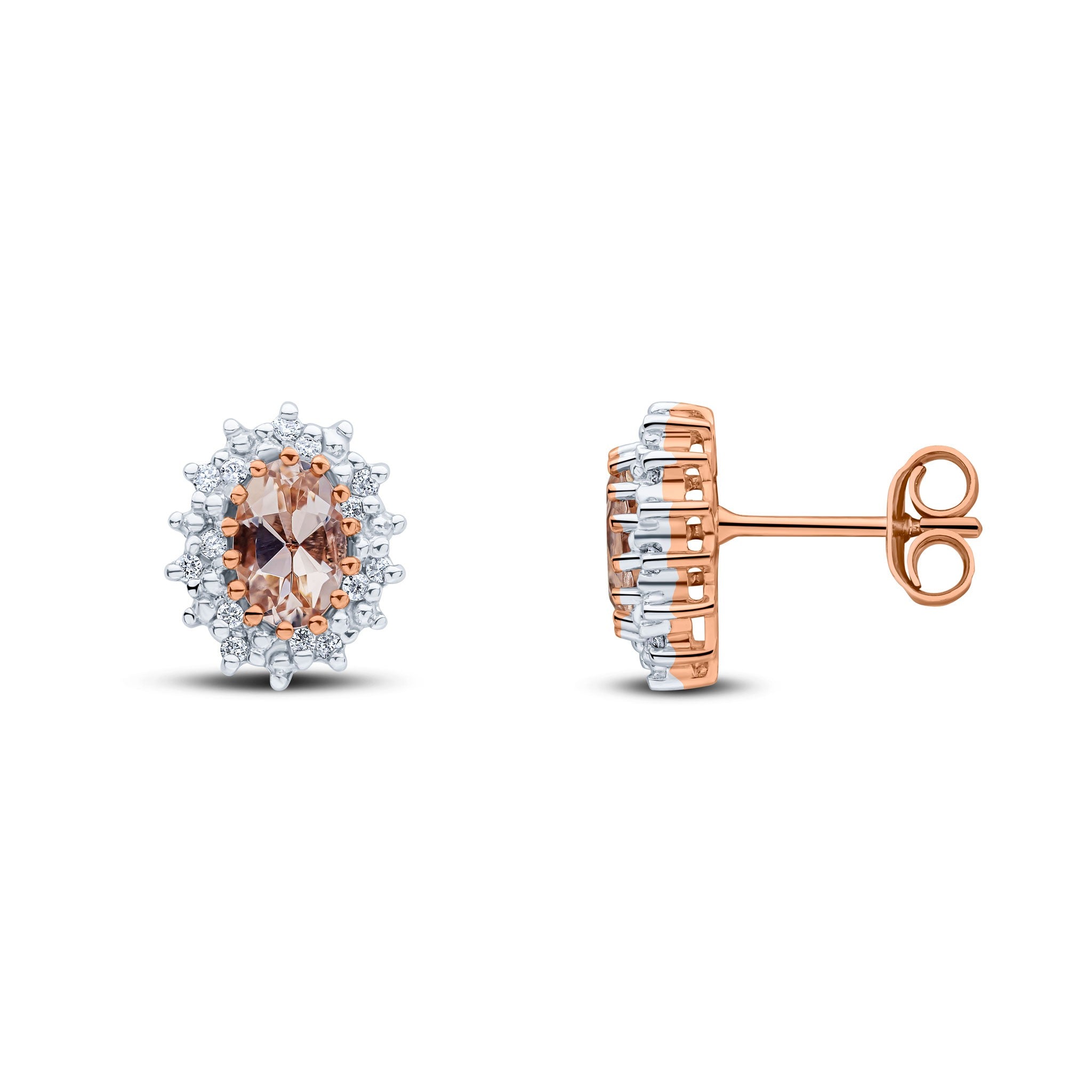 9CT RG 6X4 OVAL MORGANITE & DIAMOND CLAW CLUSTER EARRINGS. RHODIUM TO DIAMONDS