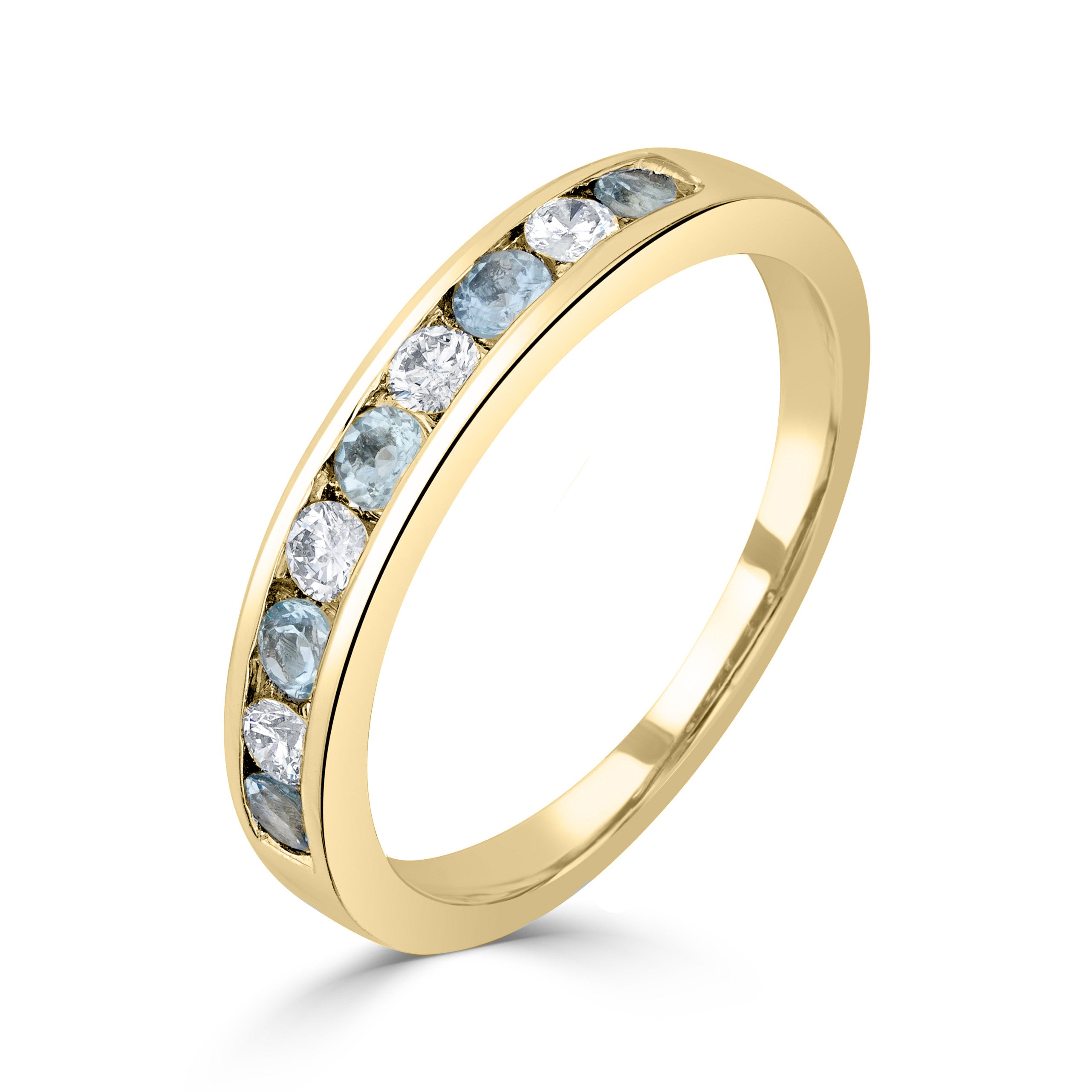 9CT YG ROUND AQUA AND DIAMOND CHANNEL SET 1/2 ETERNITY RING
