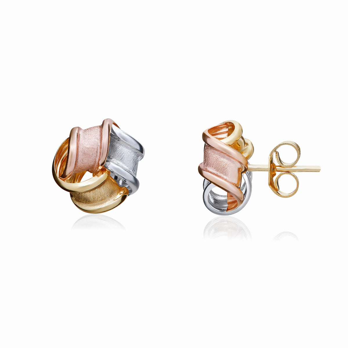 9CT YELLOW, WHITE AND ROSE GOLD FROSTED AND POLISHED RIBBON KNOT STUD EARRINGS 7.5MM