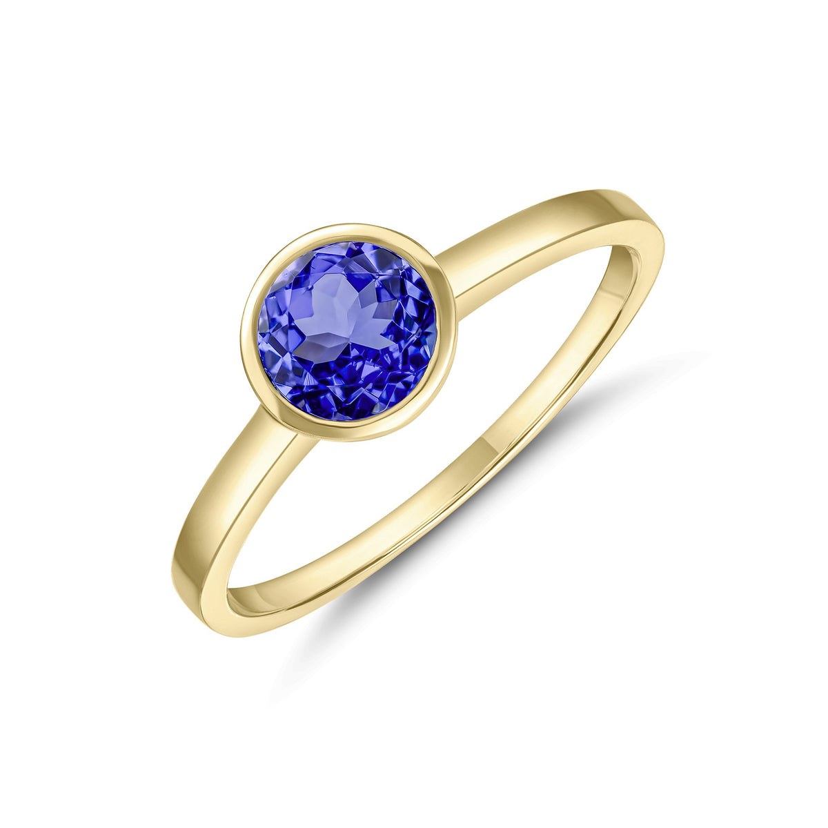 9CT YG 6MM ROUND TANZANITE RUBOVER SET SINGLE STONE RING
