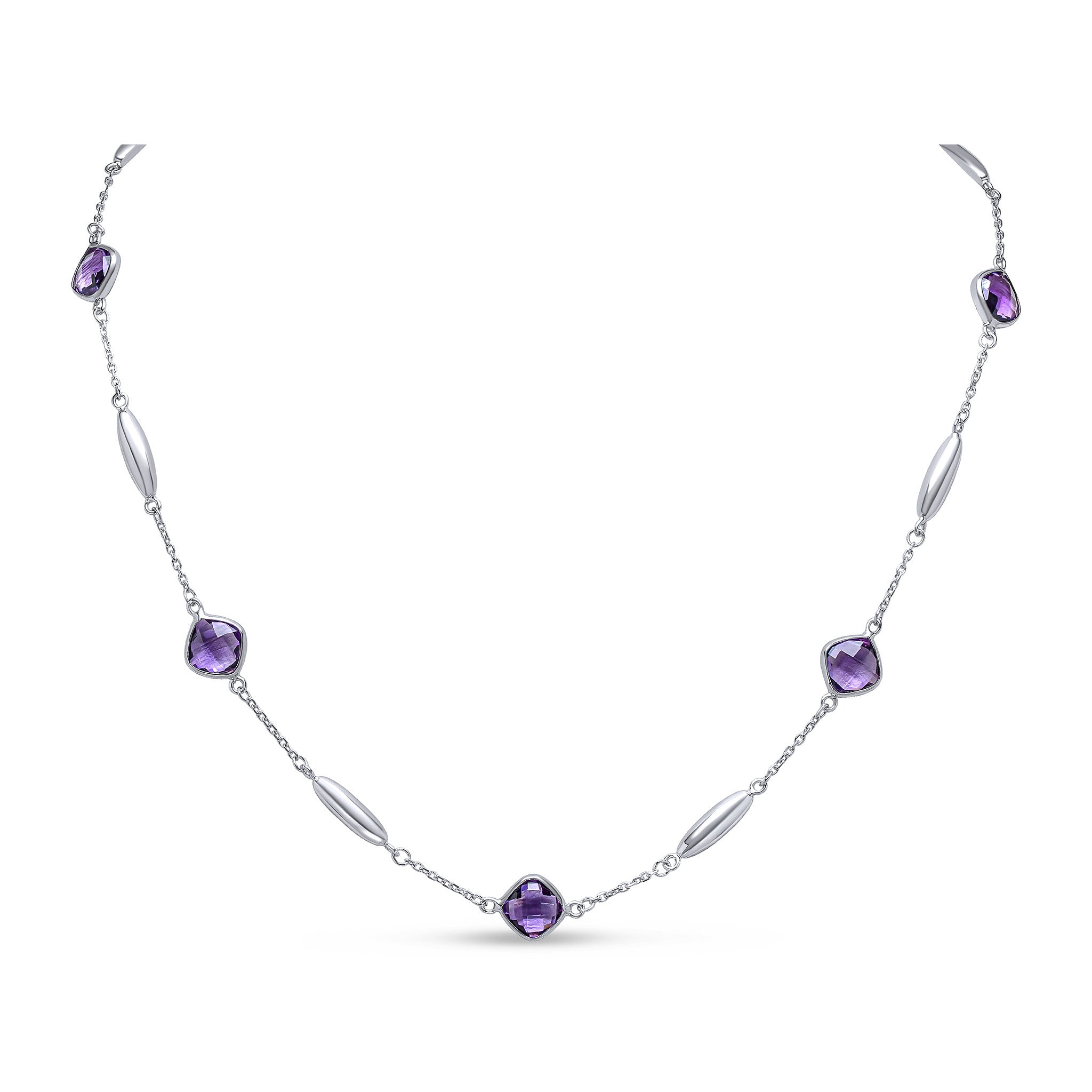 9CT WHITE GOLD CHECKERBOARD CUSHION AMETHYST, POLISHED TORPEDO MOTIF AND CHAIN NECKLACE