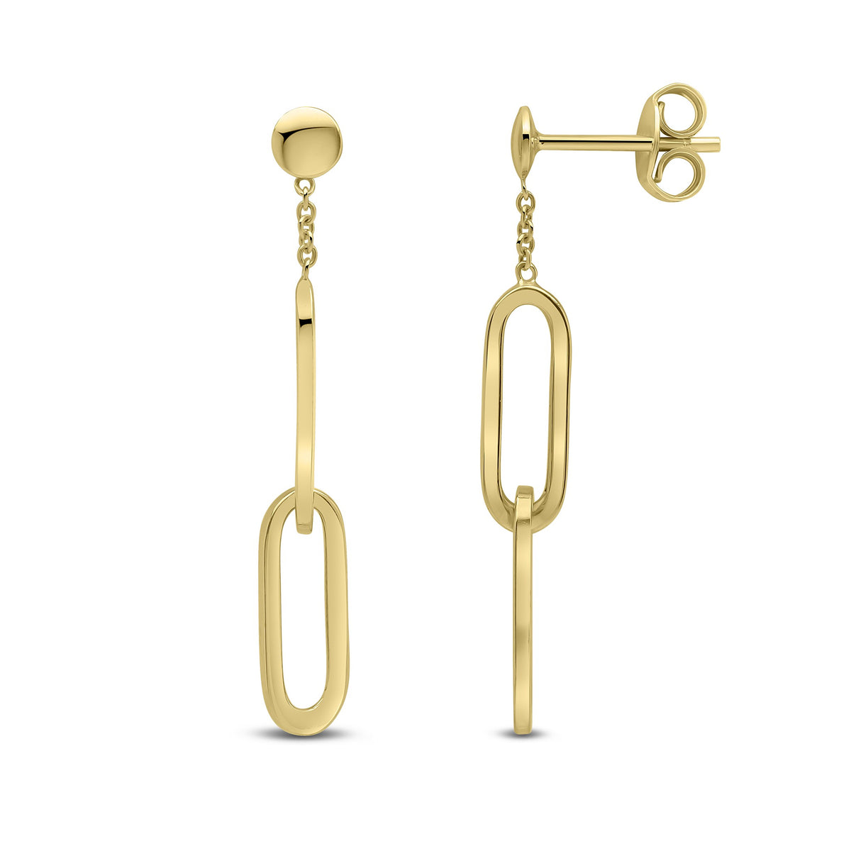 9CT YELLOW GOLD POLISHED DOUBLE OVAL LINK AND CHAIN DROP DROP EARRINGS WITH FLAT BEAD STUD TOP