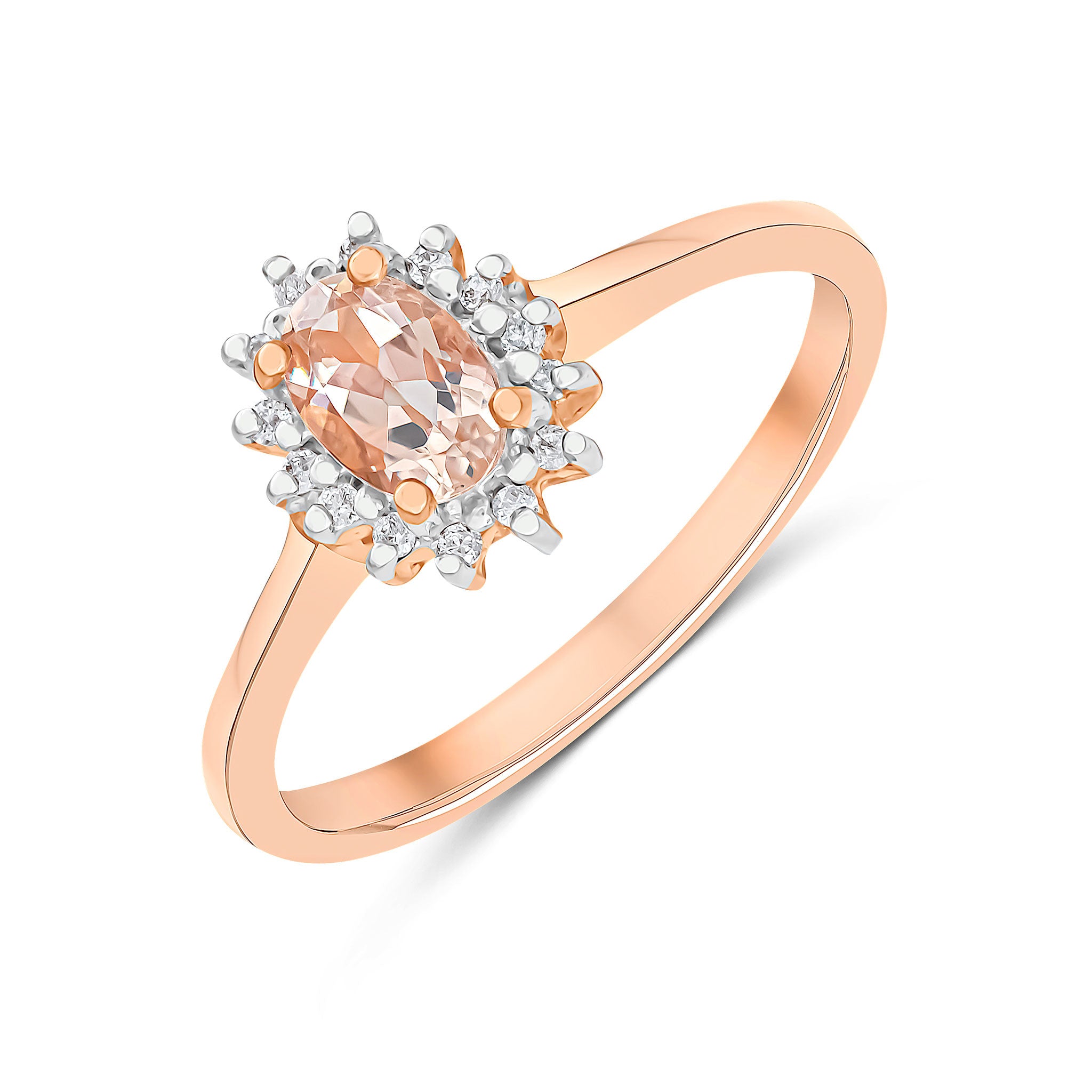 9CT RG 6X4 OVAL MORGANITE & DIAMOND CLAW SET CLUSTER RING. RHODIUM TO DIAMONDS