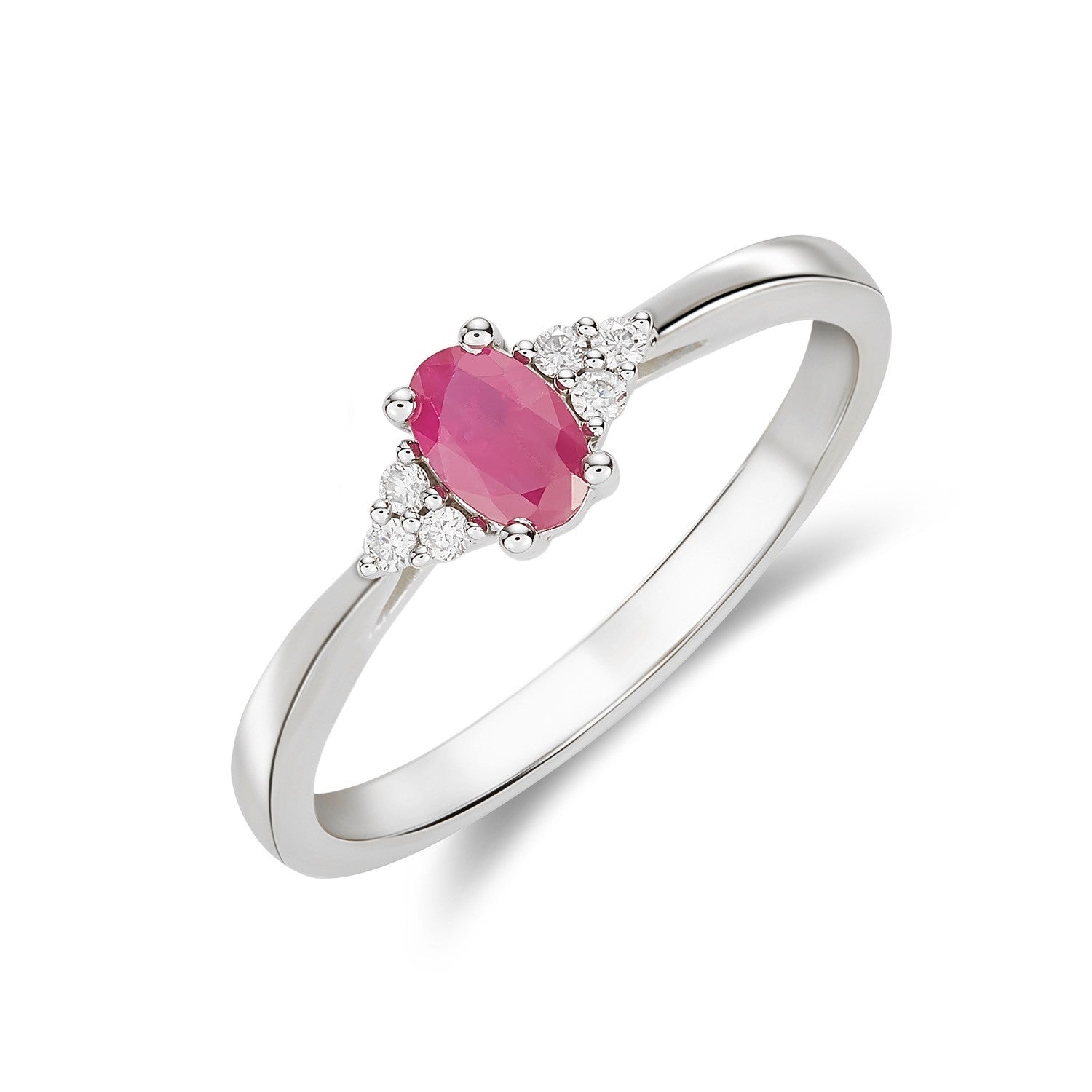 9CT WG 6X4 OVAL RUBY & ROUND DIAMOND TREFOIL SHOULDERS CLAW SET RING