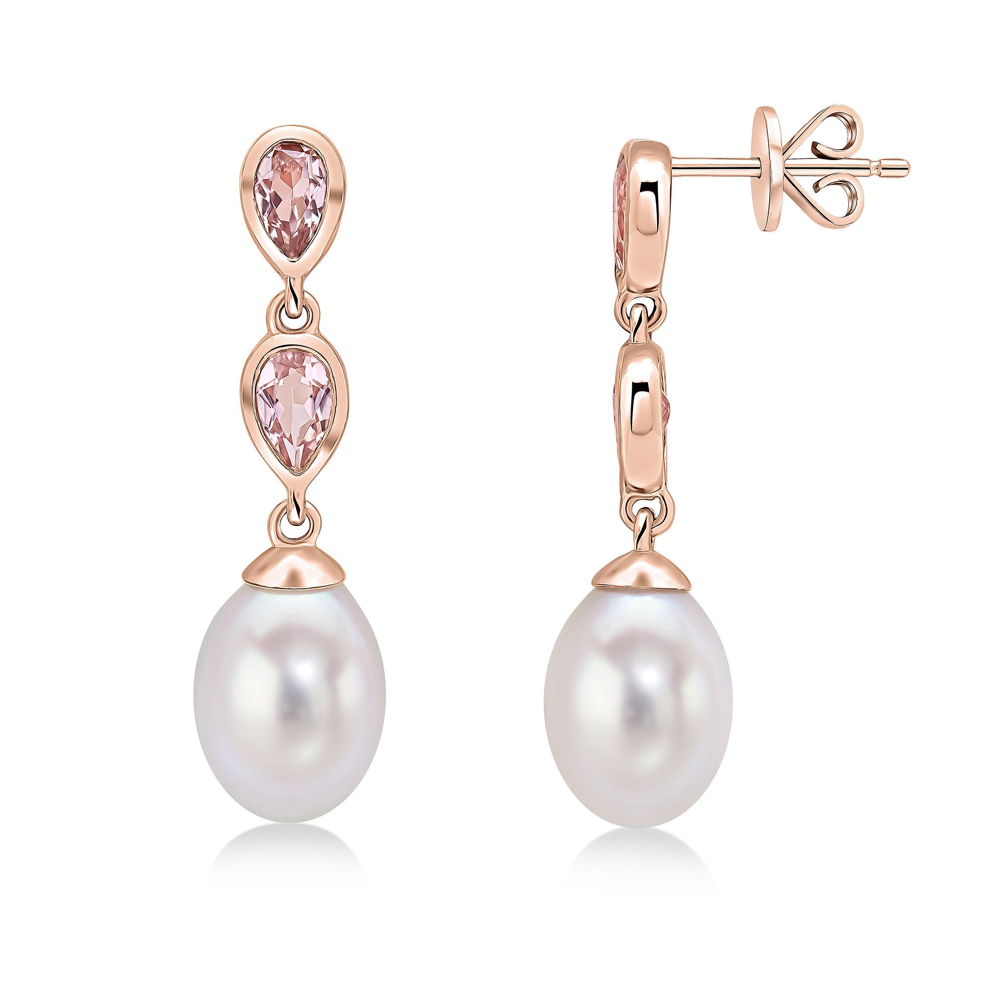 9CT RG PEARL & DOUBLE PEARSHAPE MORGANITE DROP EARRINGS