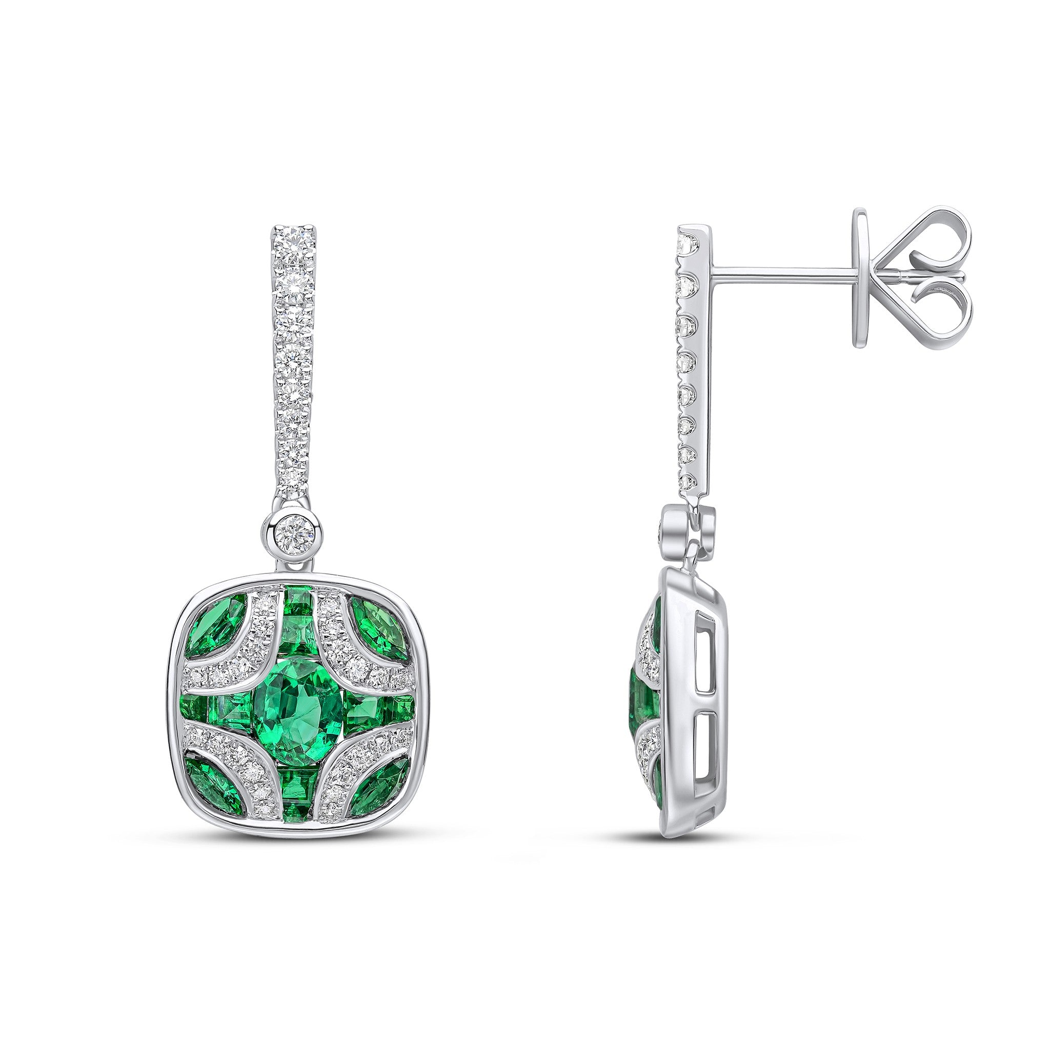 18CT WG EMERALD AND DIAMOND SHIELD & DIAMOND LINE TOP DROP EARRINGS