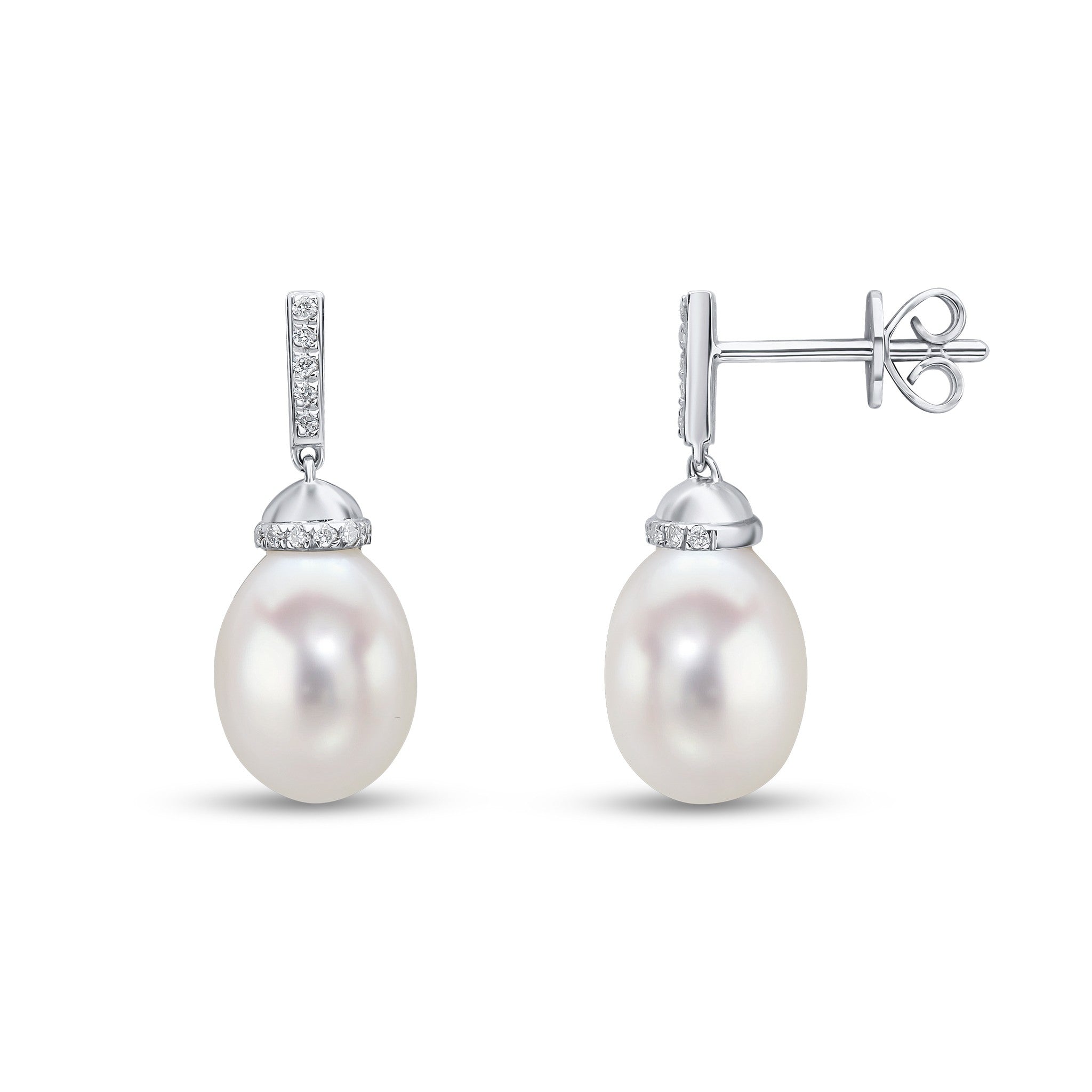 18CT WG CFW PEARL AND DIAMOND LINE AND CAP TOP DROP EARRINGS