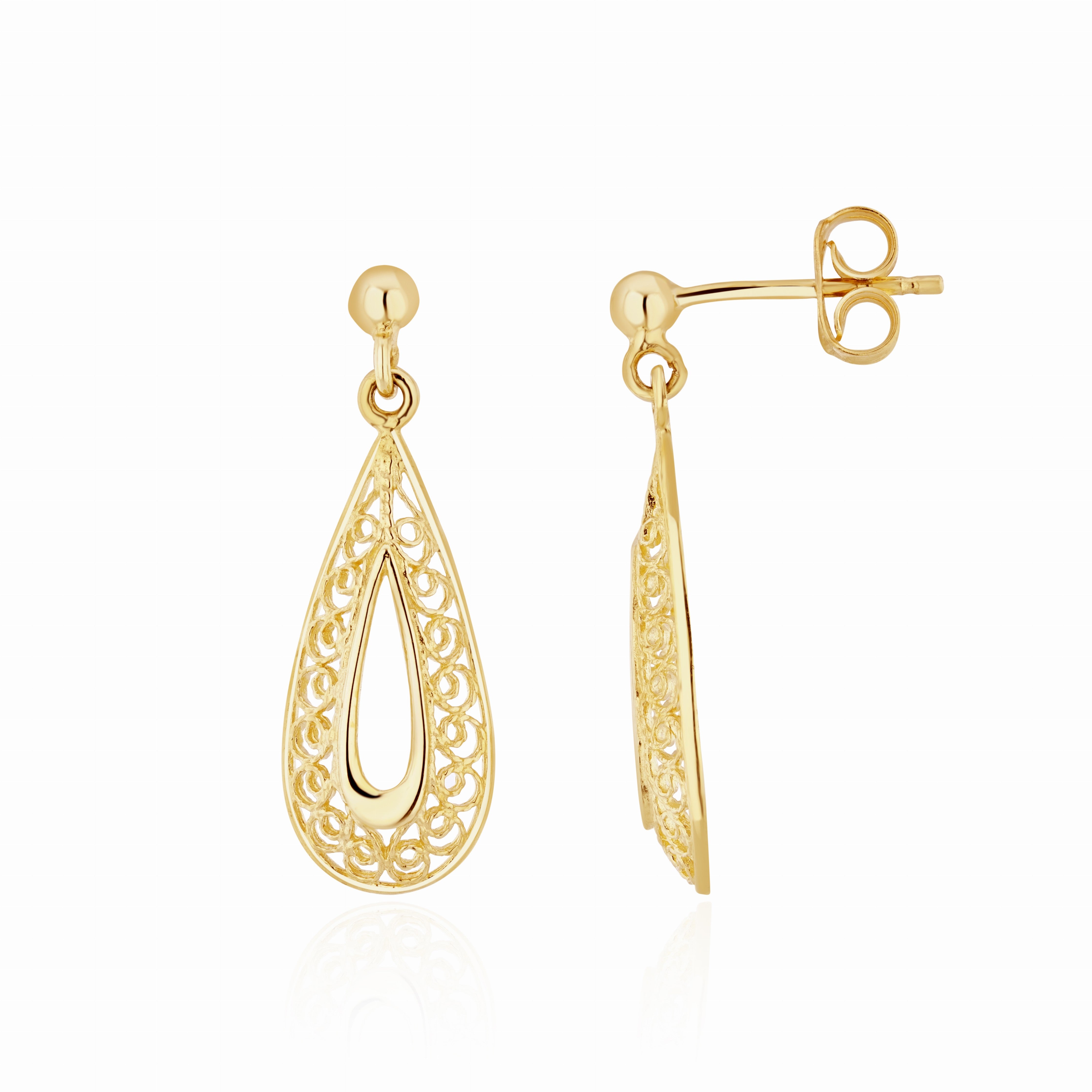 9CT YG FILIGREE OPEN PEARSHAPE DROP EARRINGS WITH 3MM BALL TOP