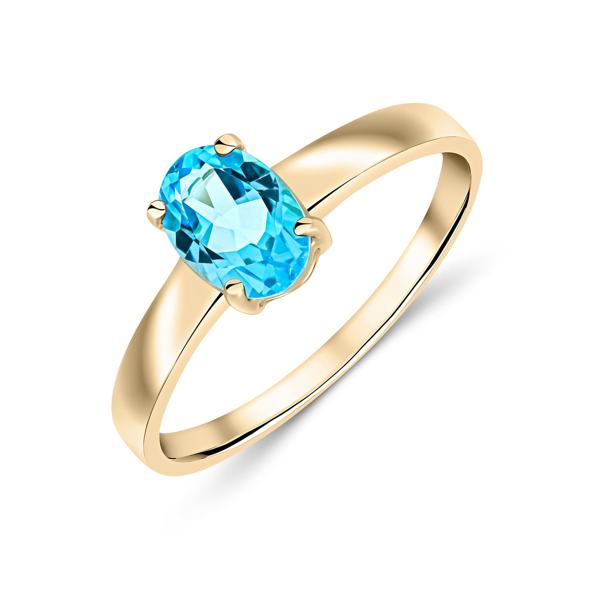 9CT YG 7X5 OVAL SWISS BLUE TOPAZ 4 CLAW SINGLE STONE RING