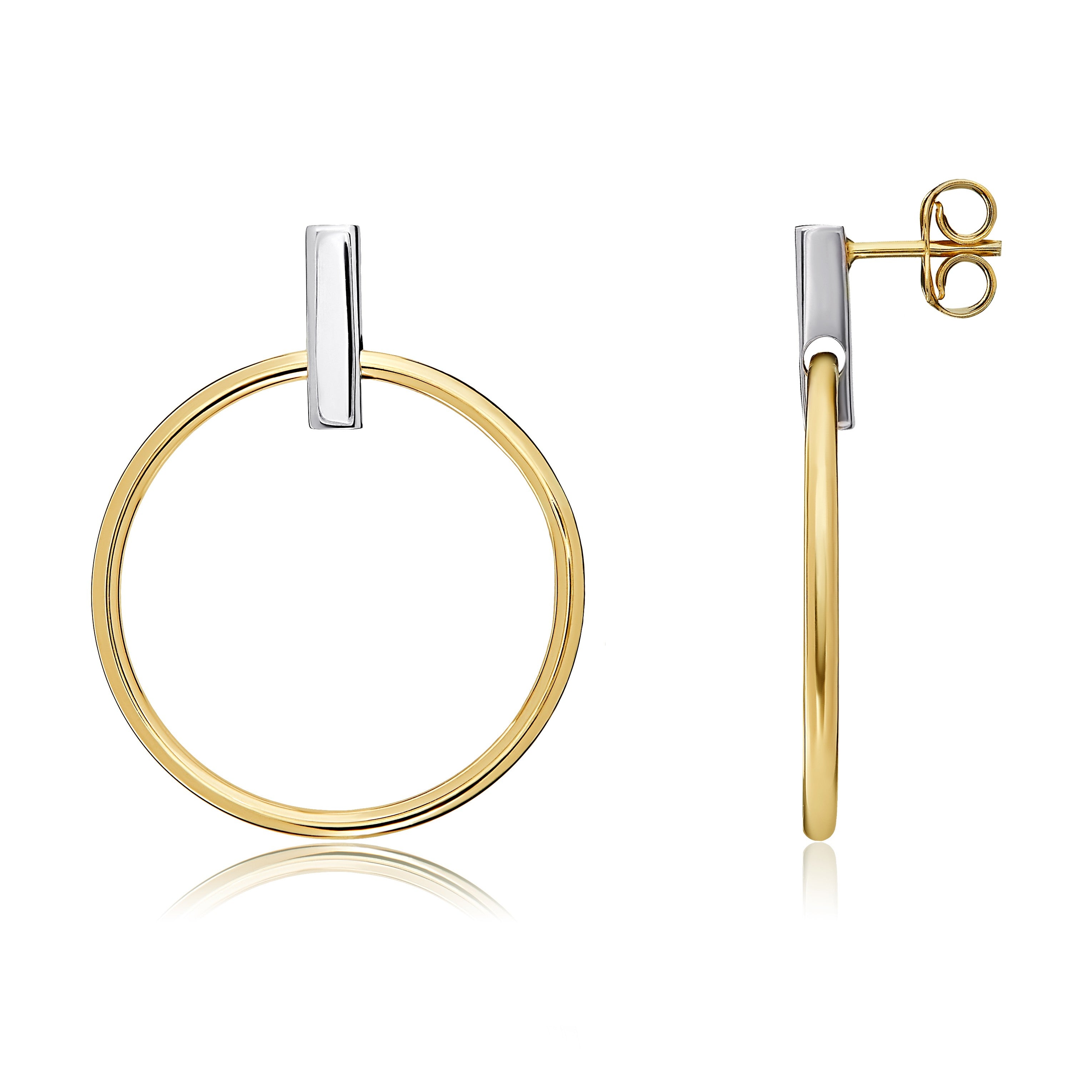 9CT YELLOW GOLD CIRCLE ON WHITE GOLD BAR DROP EARRINGS