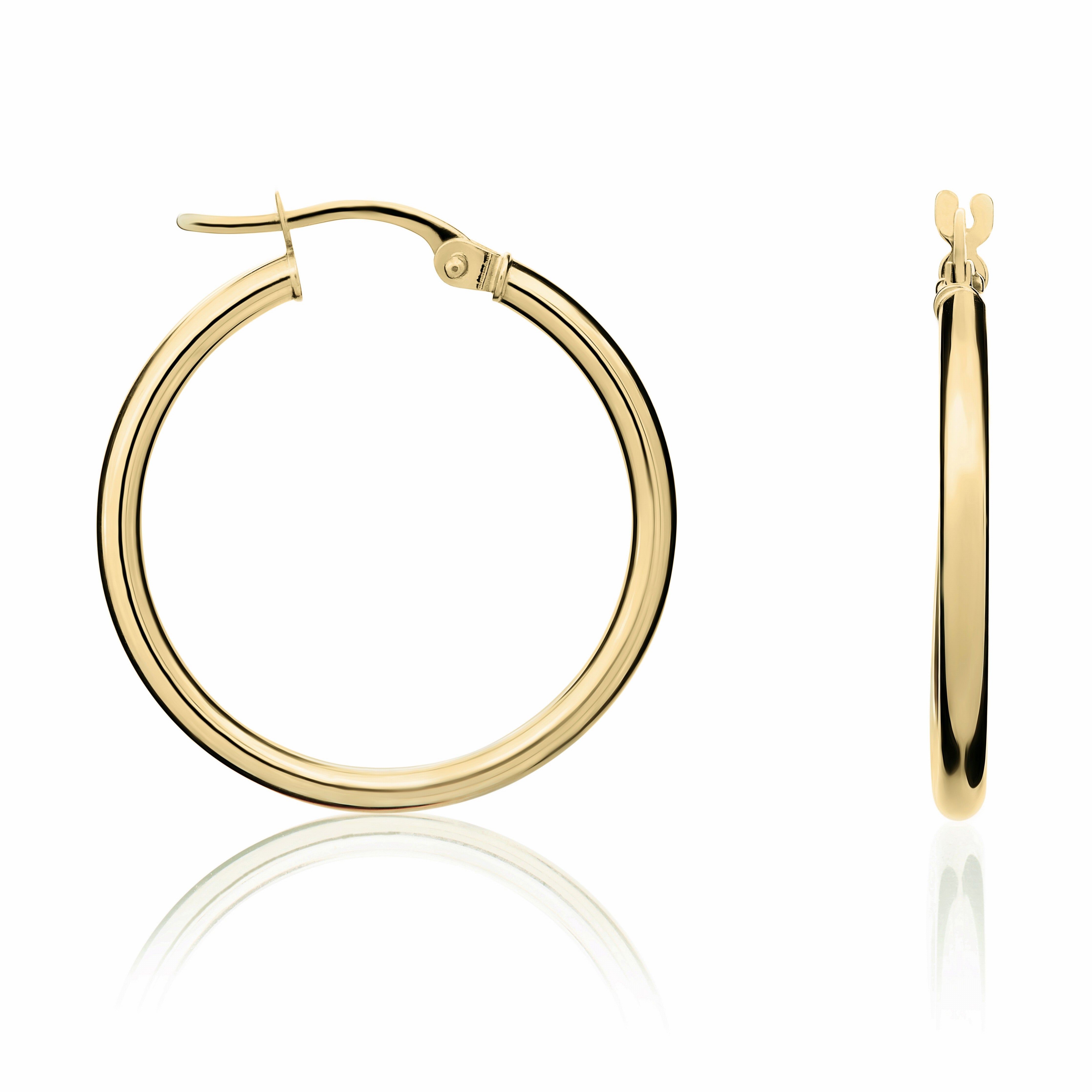 18CT YG POLISHED 2MM ROUND TUBE HOOP EARRINGS. 24MM OUTER DIAMETER