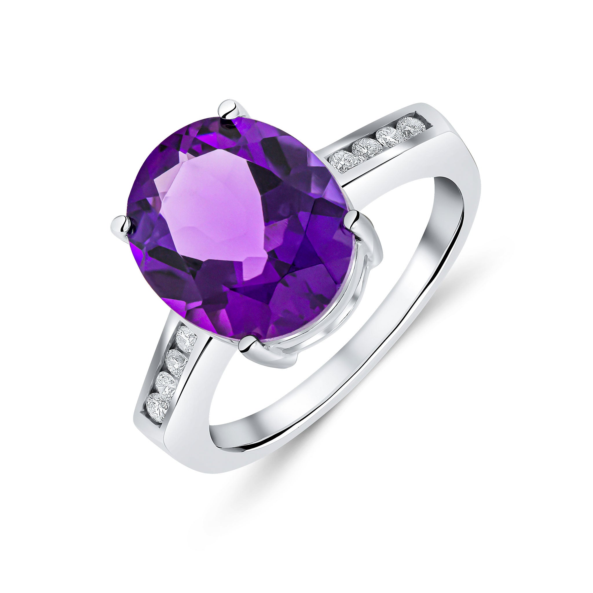 9CT WG 12X10MM CLAW SET OVAL AMETHYST SINGLE STONE RING WITH CHANNEL SET DIAMOND SHOULDERS