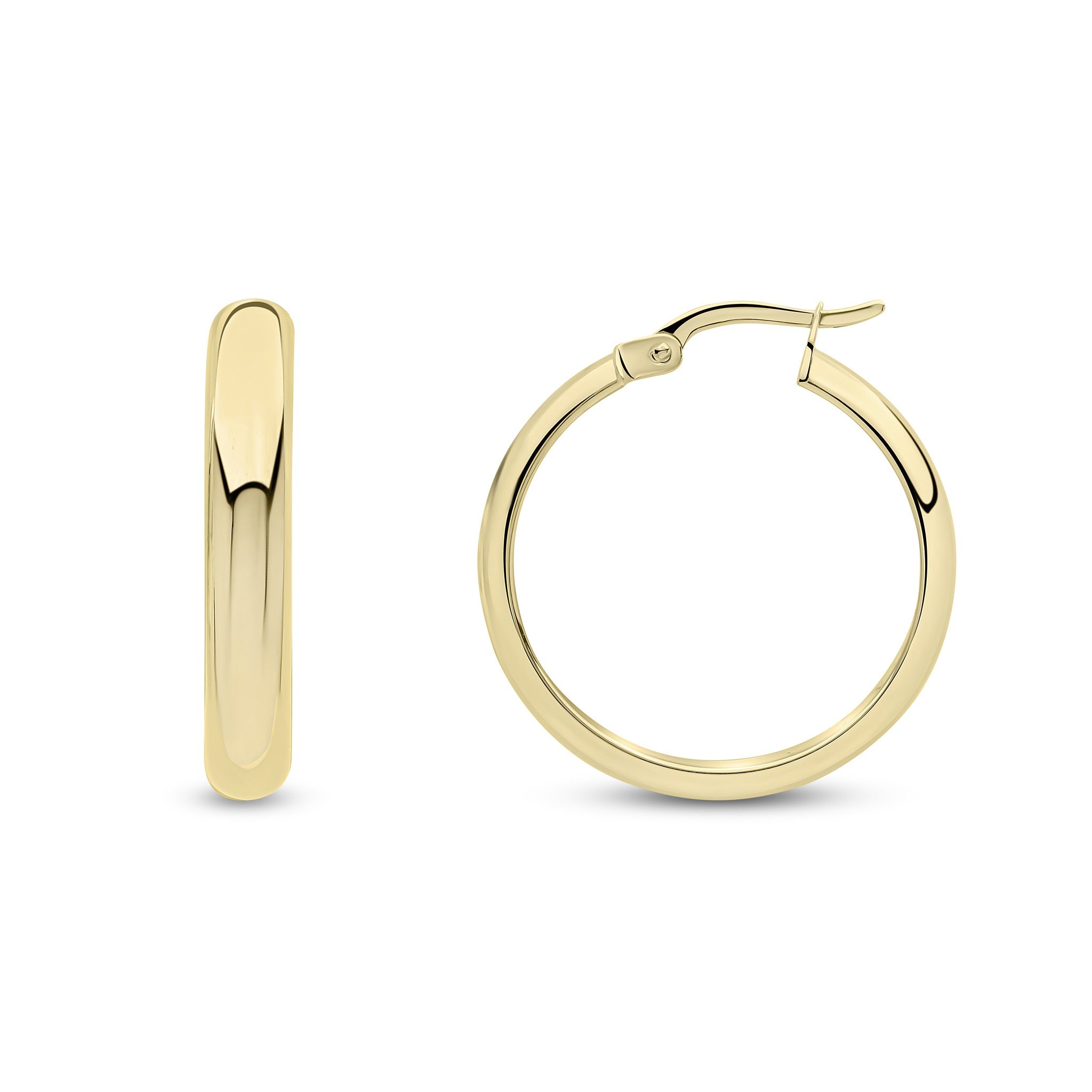 18CT YG POLISHED 4MM WEDDING RING STYLE HOOP EARRINGS. 24MM OUTER DIAMETER