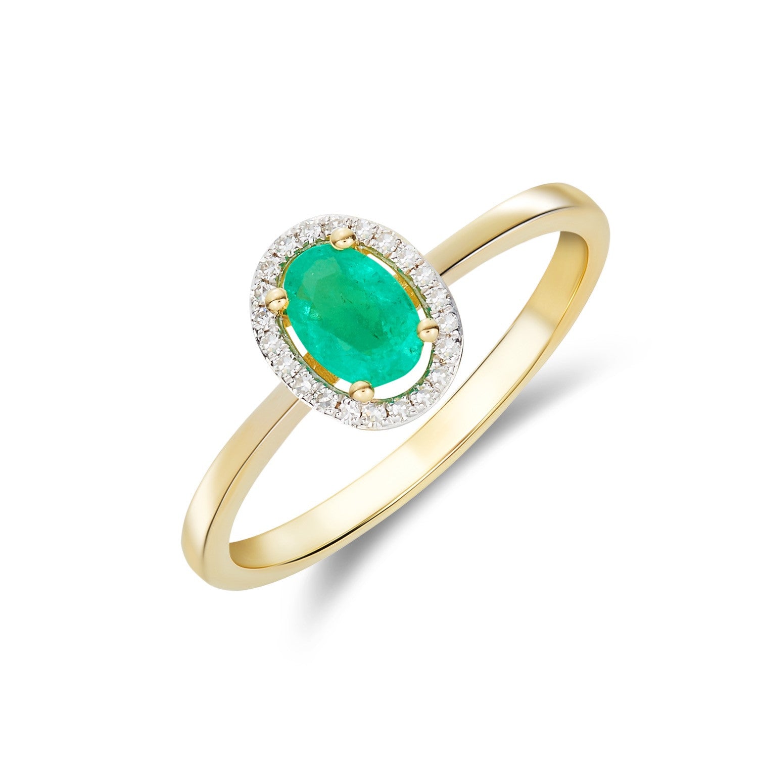 9CT YG 6X4 OVAL EMERALD AND ROUND DIAMOND HALO CLUSTER RING. RHODIUM TO DIAMONDS