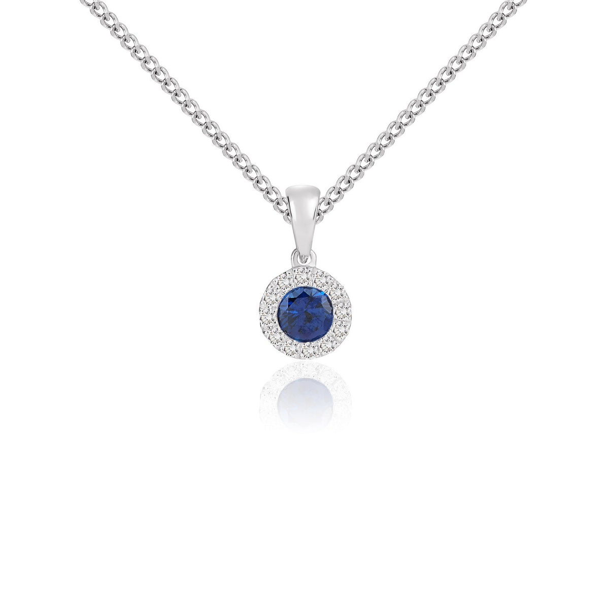 18CT WG 4MM ROUND SAPPHIRE AND DIAMOND MICROSET CLUSTER PENDANT WITH PLAIN LOOP