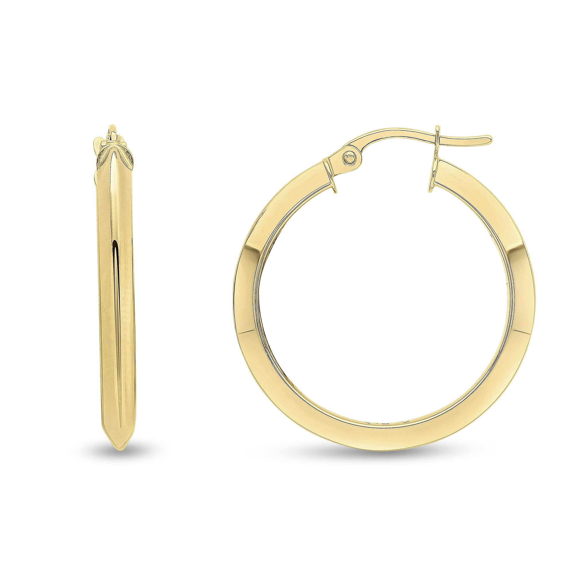 18CT YG KNIFE EDGE HOOP EARRINGS. 25MM OUTER DIAMETER