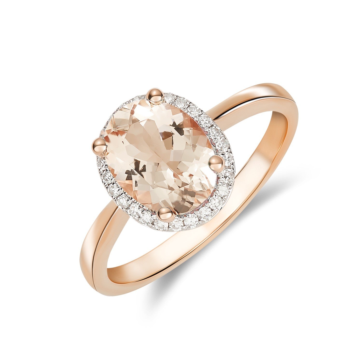 9CT RG 9X7 OVAL MORGANITE AND DIAMOND CLAW SET CLUSTER RING. RHODIUM TO DIAMONDS