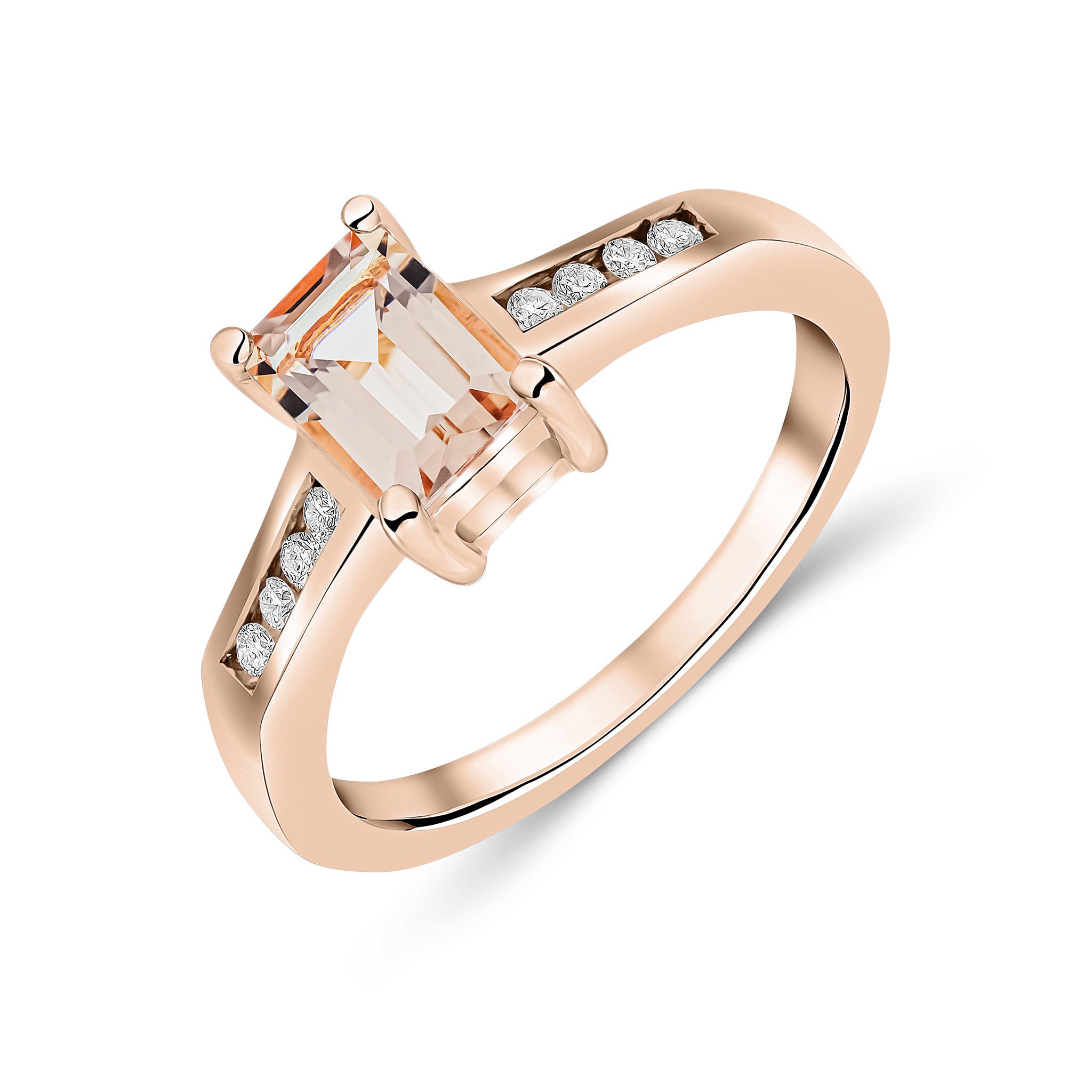 9CT RG 7X5 OCTAGON MORGANITE CLAW SET SINGLE STONE RING WITH CHANNEL SET DIAMOND SHOULDERS