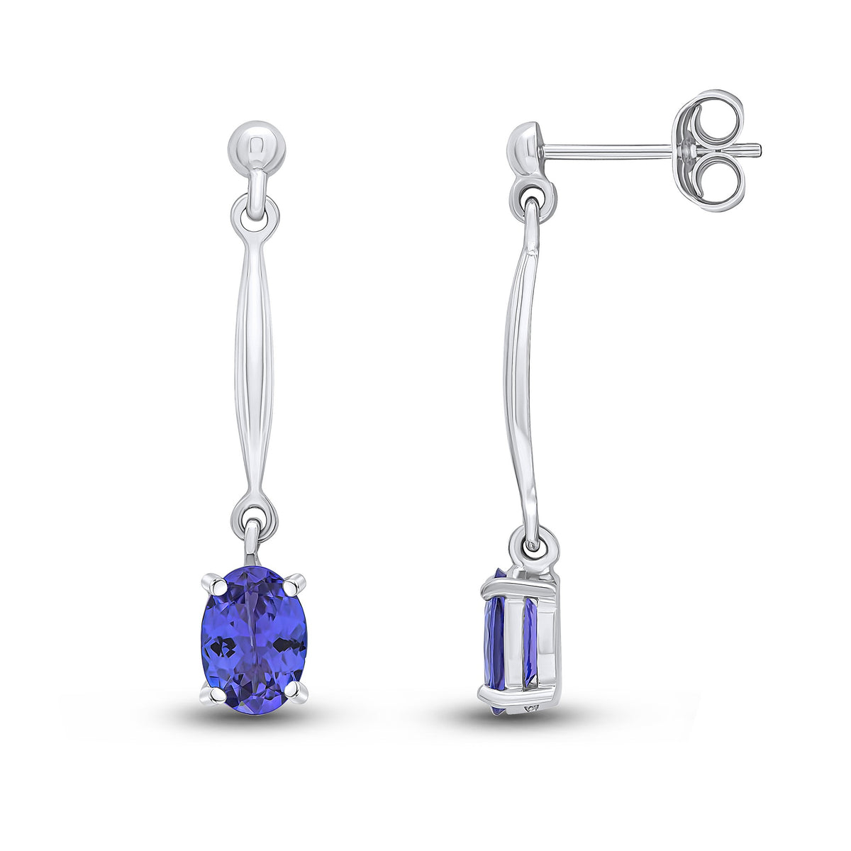 9CT WG 7X5MM OVAL TANZANITE AND BAR DROP EARRINGS WITH BEAD TOP