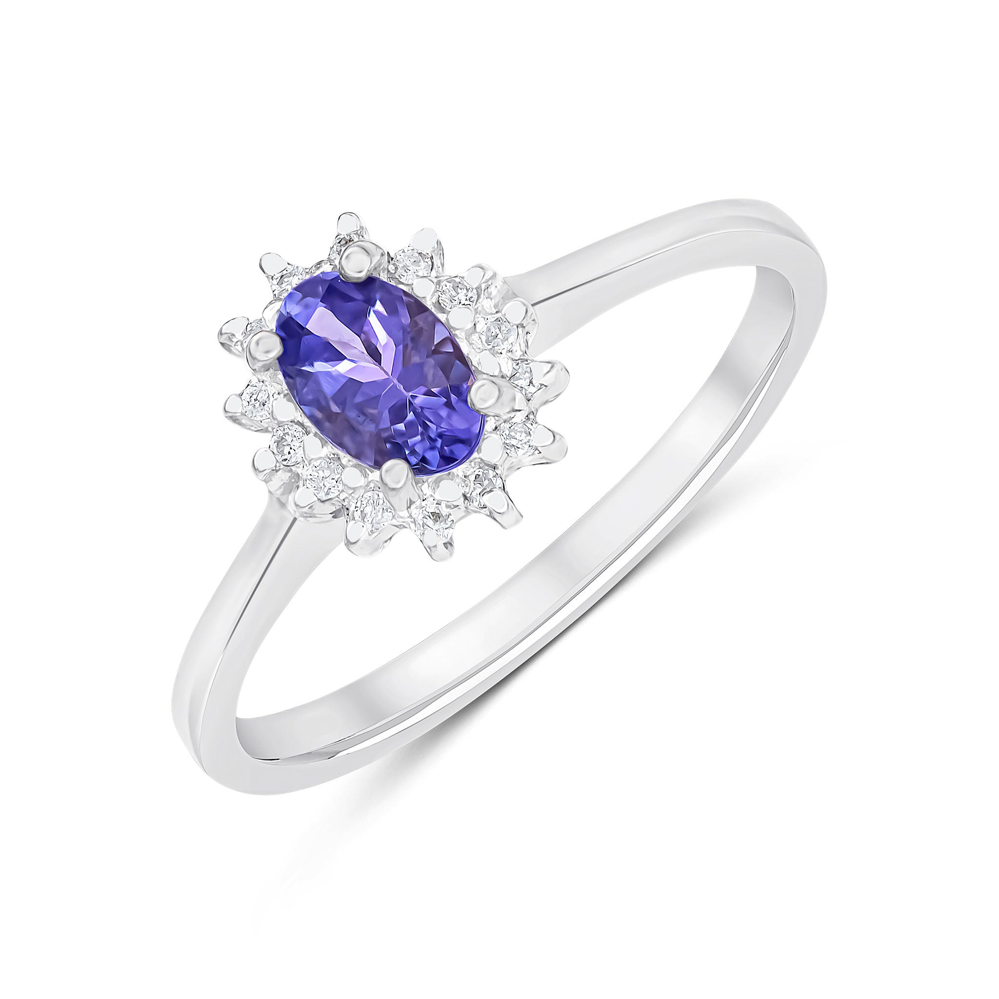 9CT WG 6X4 OVAL TANZANITE & DIAMOND CLAW SET CLUSTER RING