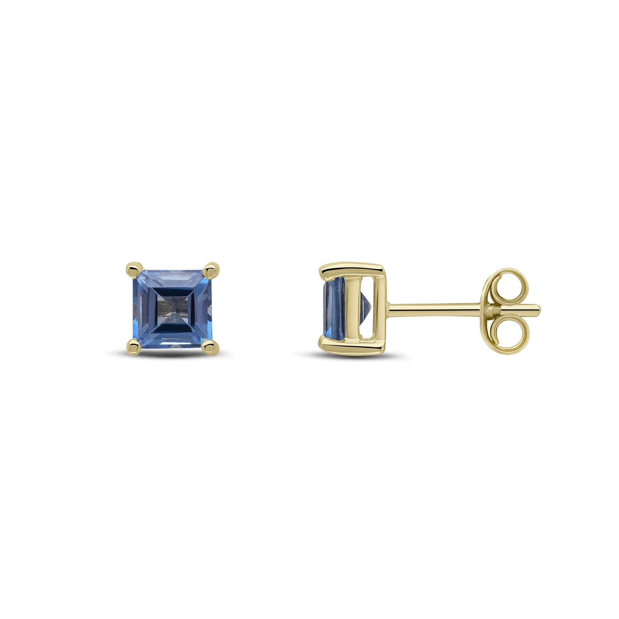 9CT YG 5MM SQUARE LONDON BLUE TOPAZ CLAW SET EARRINGS