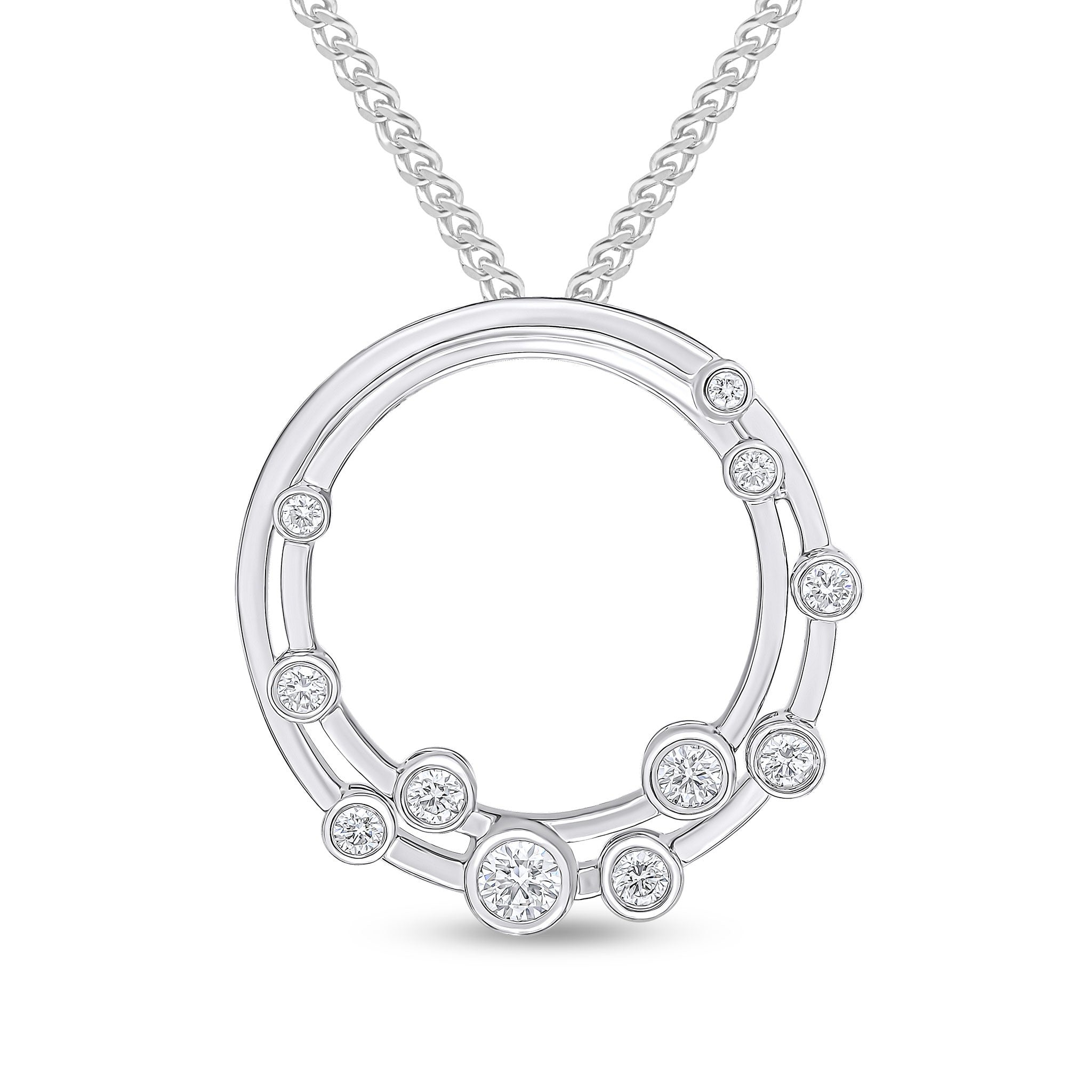 18CT WG RUBOVER ROUND DIAMOND 'BUBBLE' DOUBLE CIRCLE SLIDER PENDANT. 24MM DIAMETER