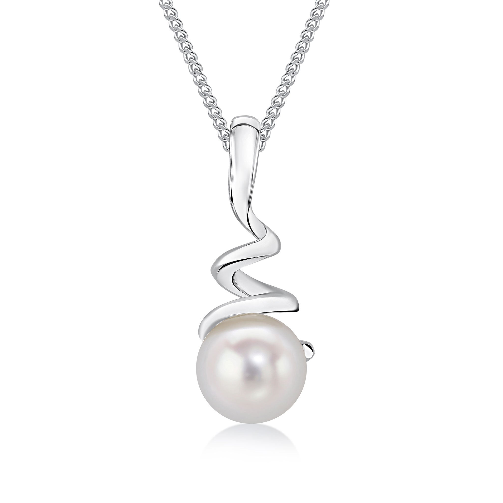 9CT WHITE GOLD ROUND FRESHWATER CULTURED PEARL & SPIRAL PENDANT