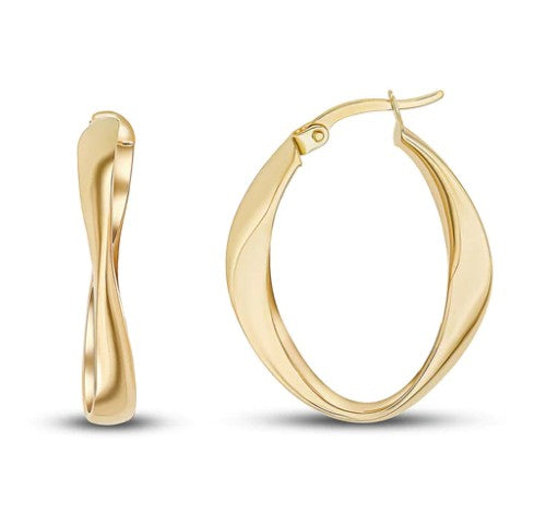 9CT YELLOW GOLD POLISHED FINISH LOOSE WAVY OVAL HOOP EARRINGS