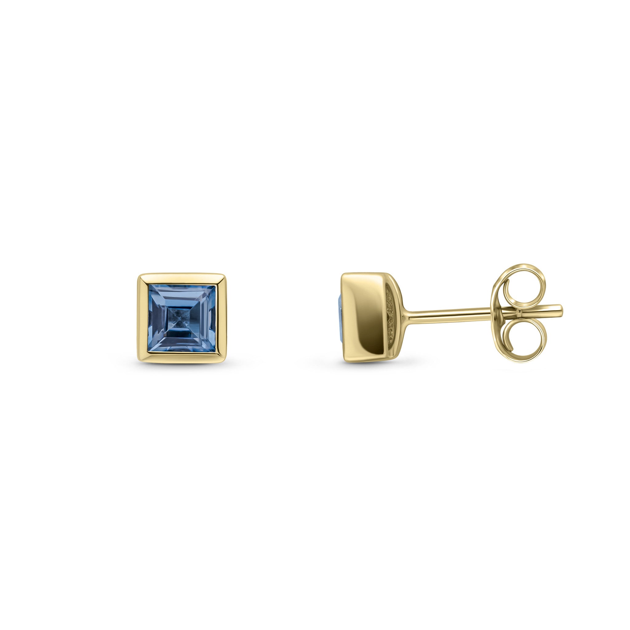9CT YG 3MM SQUARE LONDON BLUE TOPAZ RUBOVER SET EARRINGS