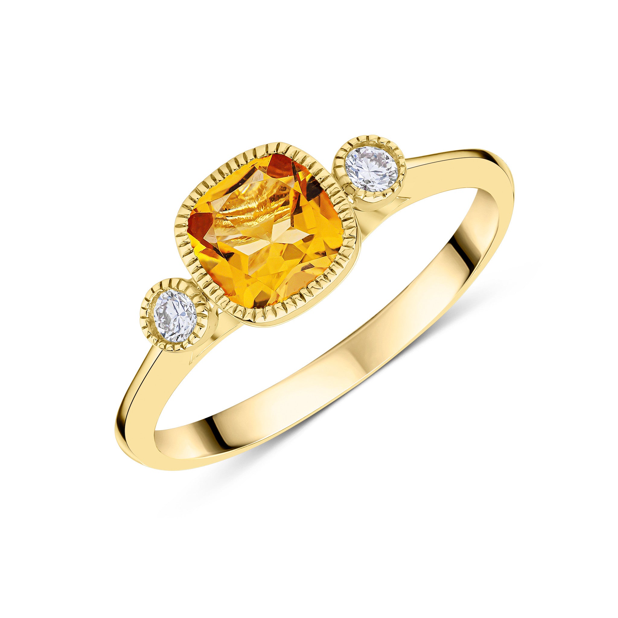 9CT YG 6MM CUSHION CITRINE & ROUND DIAMOND MILLEGRAIN SET 3ST RING
