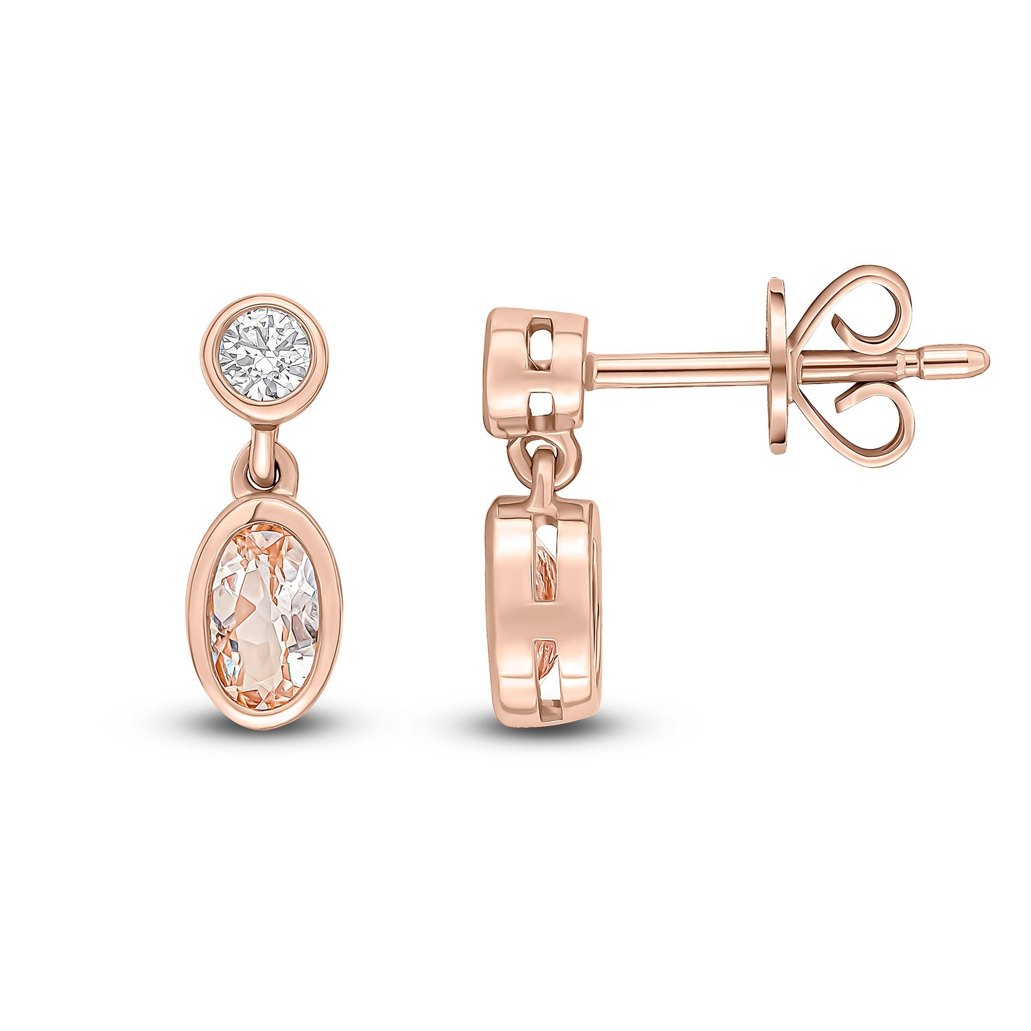 18CT RG OVAL MORGANITE AND ROUND DIAMOND 2ST RUBOVER DROP EARRING
