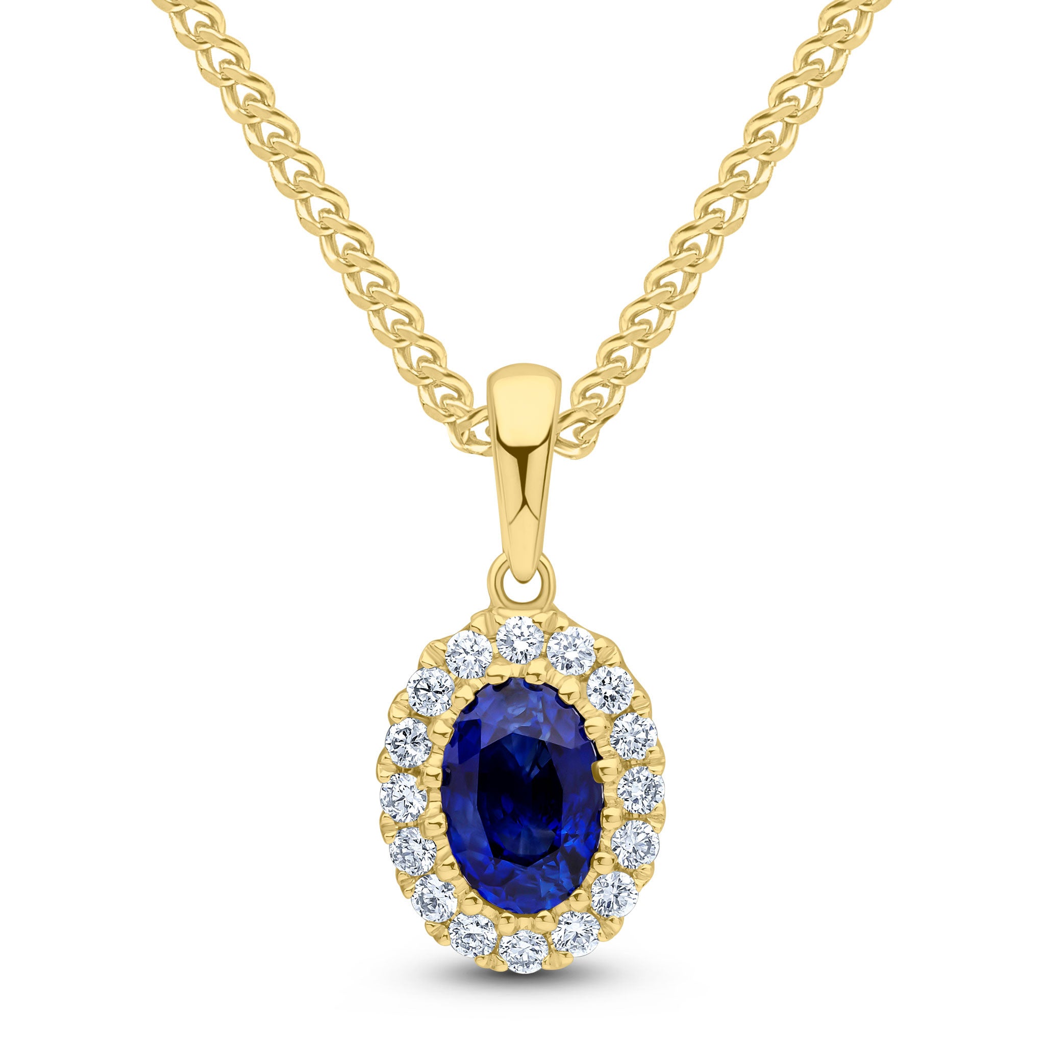 18CT YG 6X4 OVAL SAPPHIRE AND ROUND DIAMOND CLAW CLUSTER PENDANT WITH PLAIN LOOP TOP