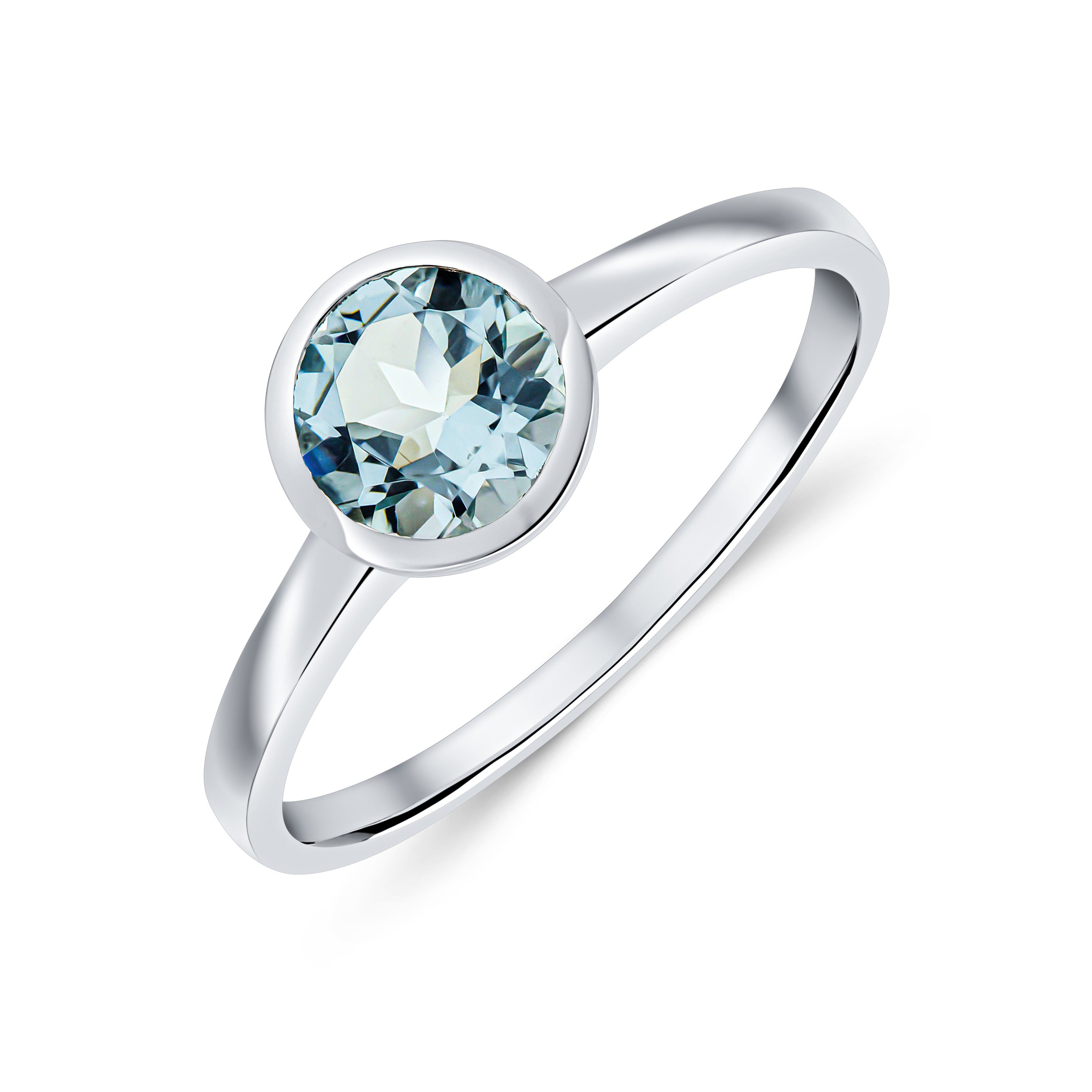 9CT WG 6MM ROUND AQUA RUBOVER SET SINGLE STONE RING