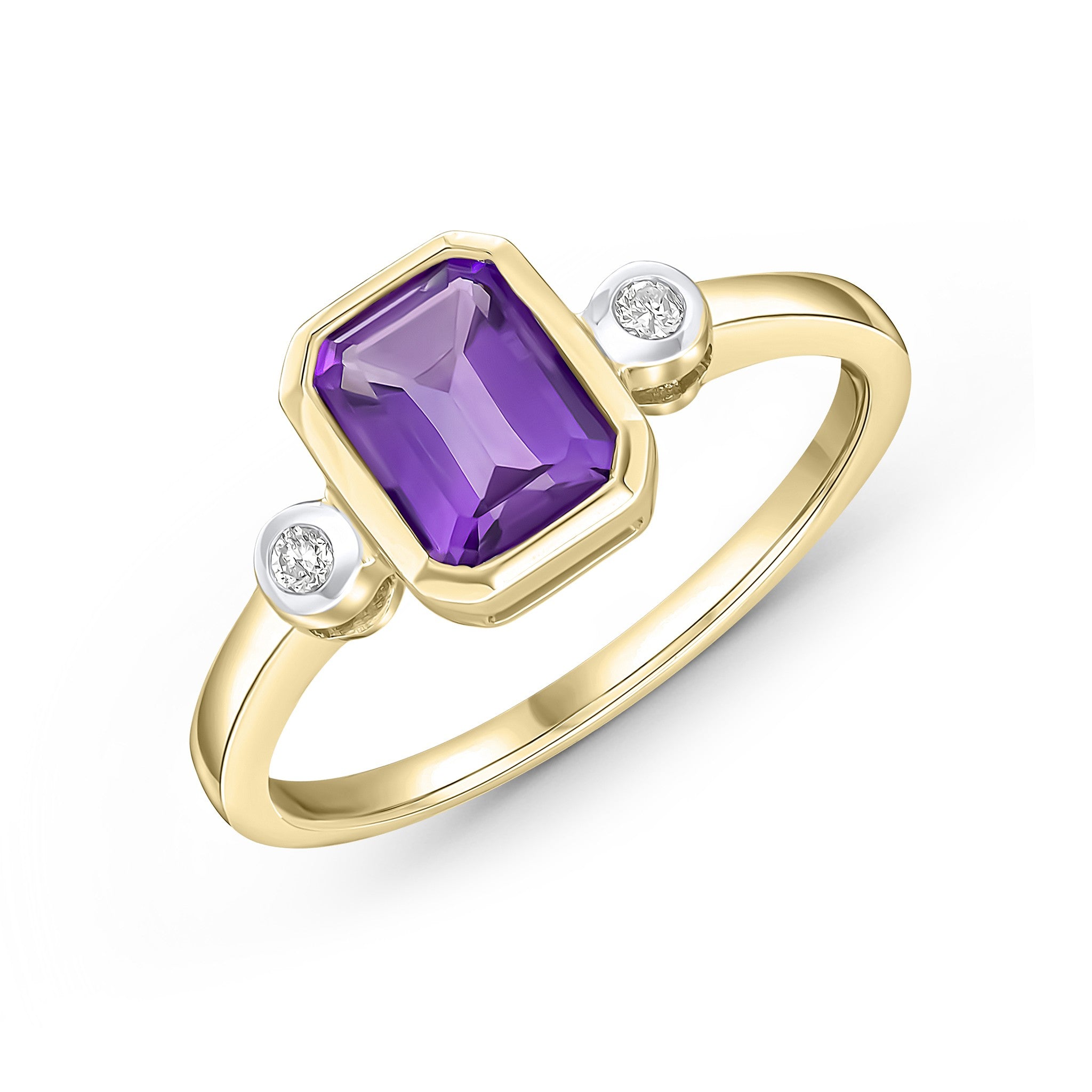 9CT YG 7X5 OCTAGON AMETHYST AND ROUND DIAMOND 3 STONE RUBOVER RING. RHODIUM TO DIAMONDS