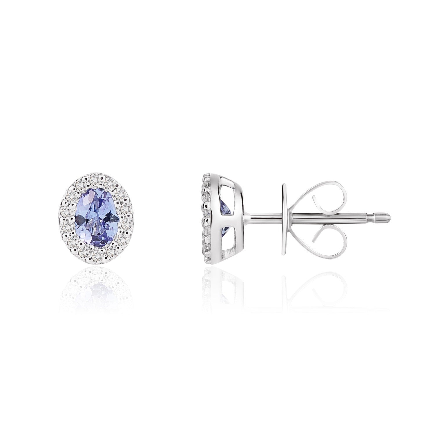 18CT WG 4X3 OVAL TANZANITE & DIAMOND MICROSET CLUSTER EARRINGS