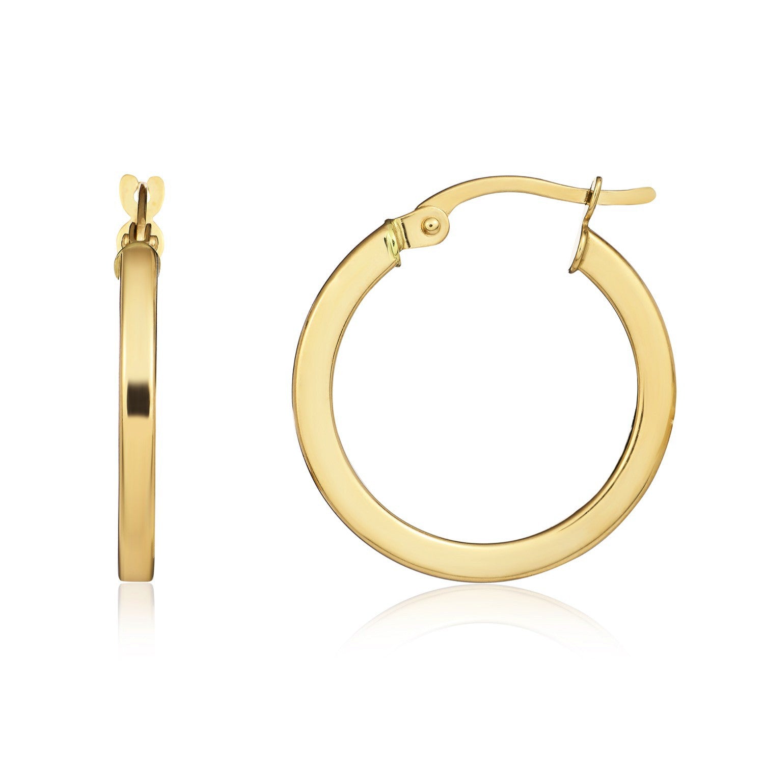 18CT YELLOW GOLD 2MM SQUARE TUBE ROUND HOOP EARRINGS. 19MM DIAMETER