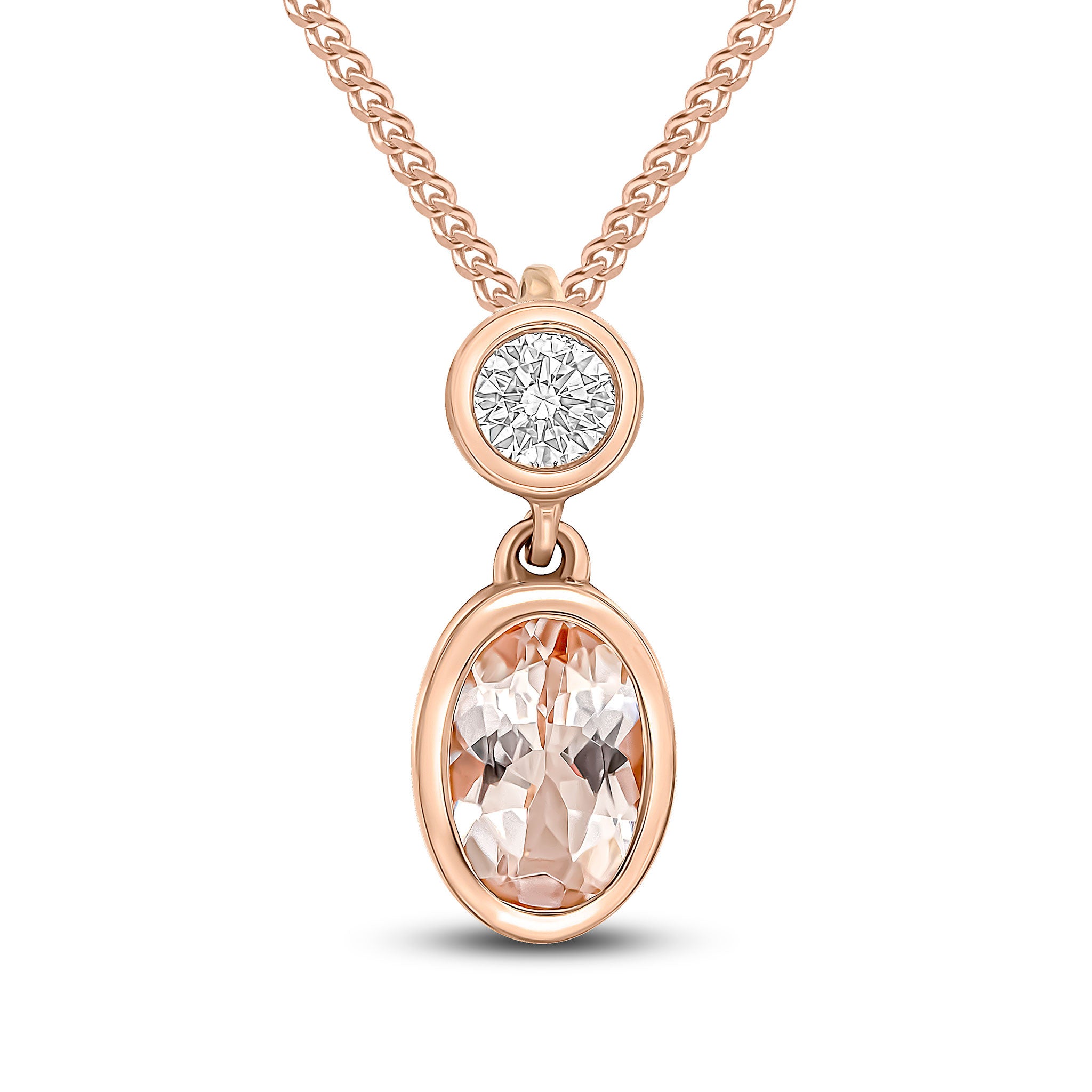 18CT RG OVAL MORGANITE & ROUND DIAMOND 2ST RUBOVER SLIDER PENDANT