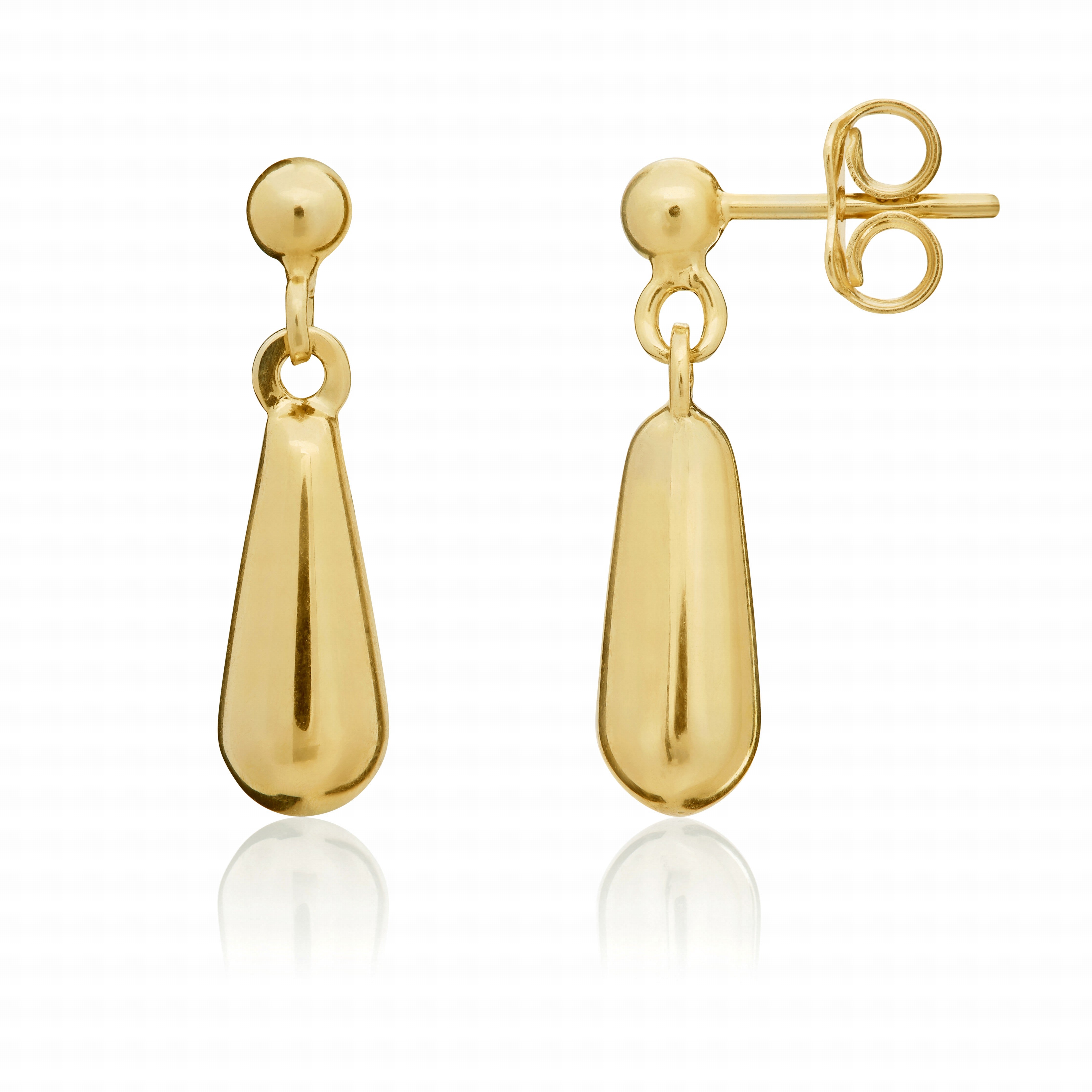 9CT YG SHORT POLISHED BOMBE DROP EARRRINGS WITH BALL STUD TOPS. 20MM LONG