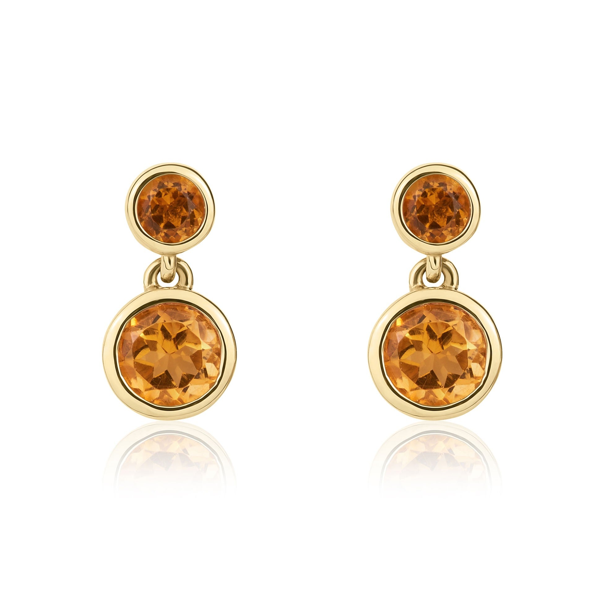 9CT YELLOW GOLD ROUND CITRINE RUBOVER 2ST DROP EARRINGS