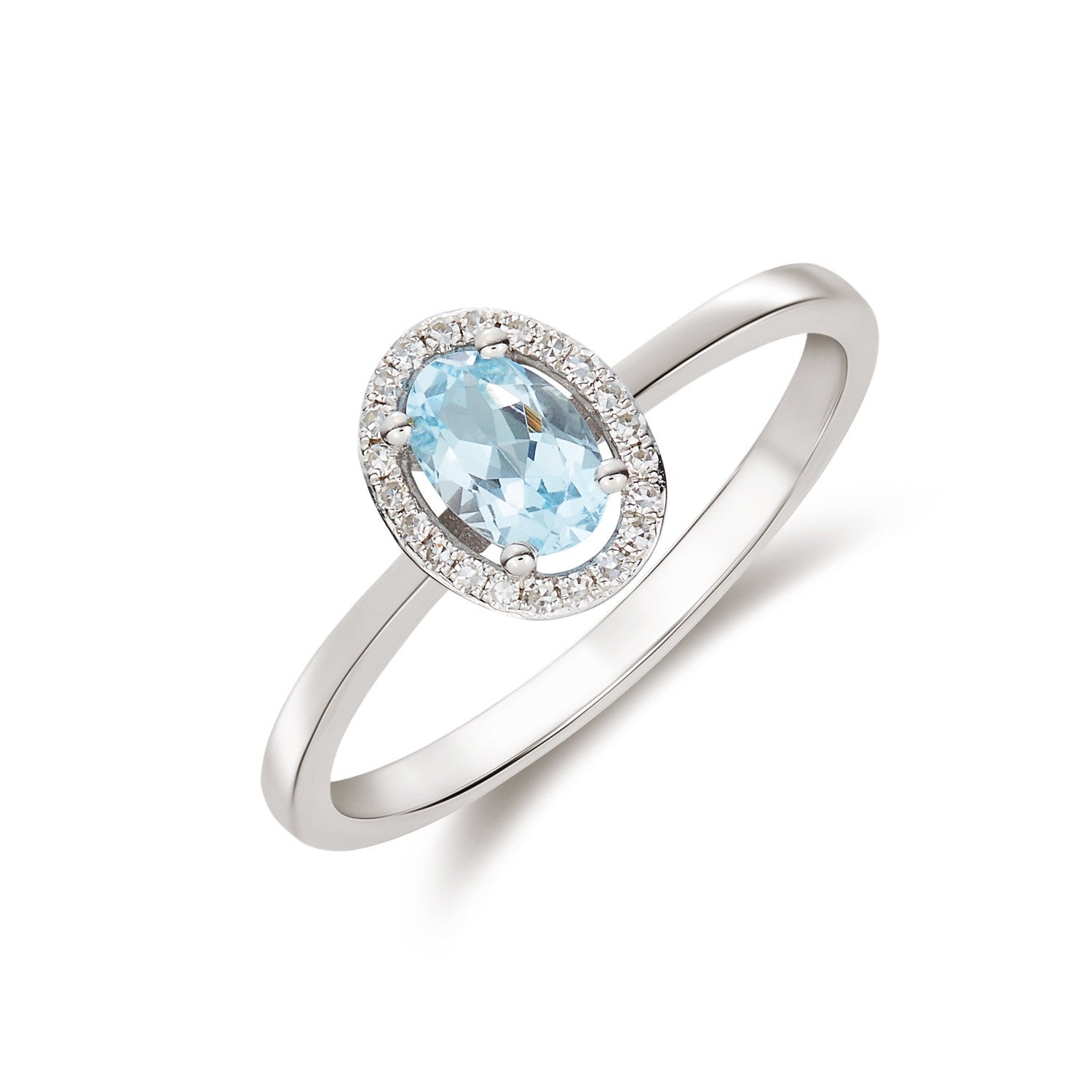 9CT WG 6X4 OVAL AQUA AND ROUND DIAMOND HALO CLUSTER RING